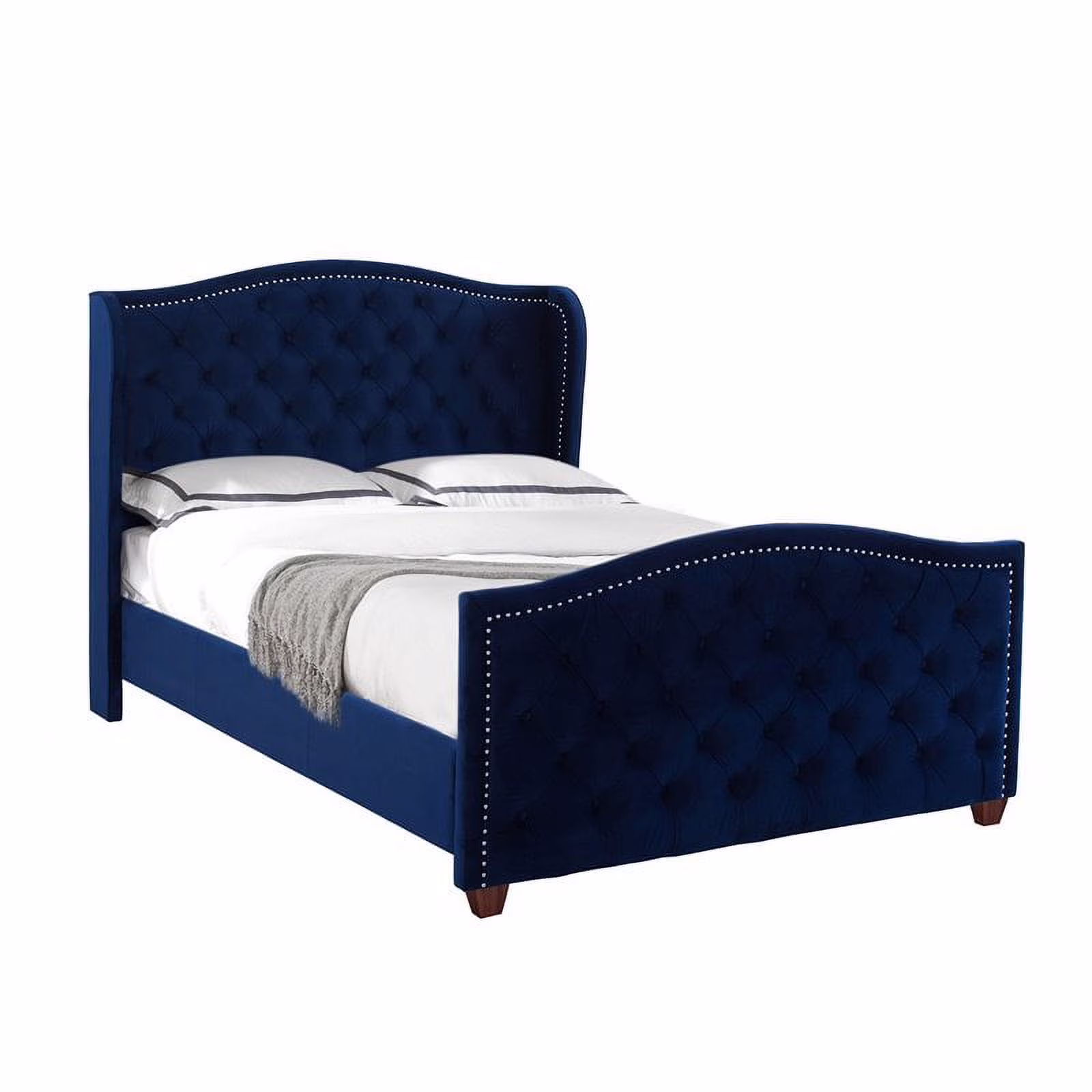 Maklaine Modern Hardwood Tufted Wingback Queen Bed in Navy Blue