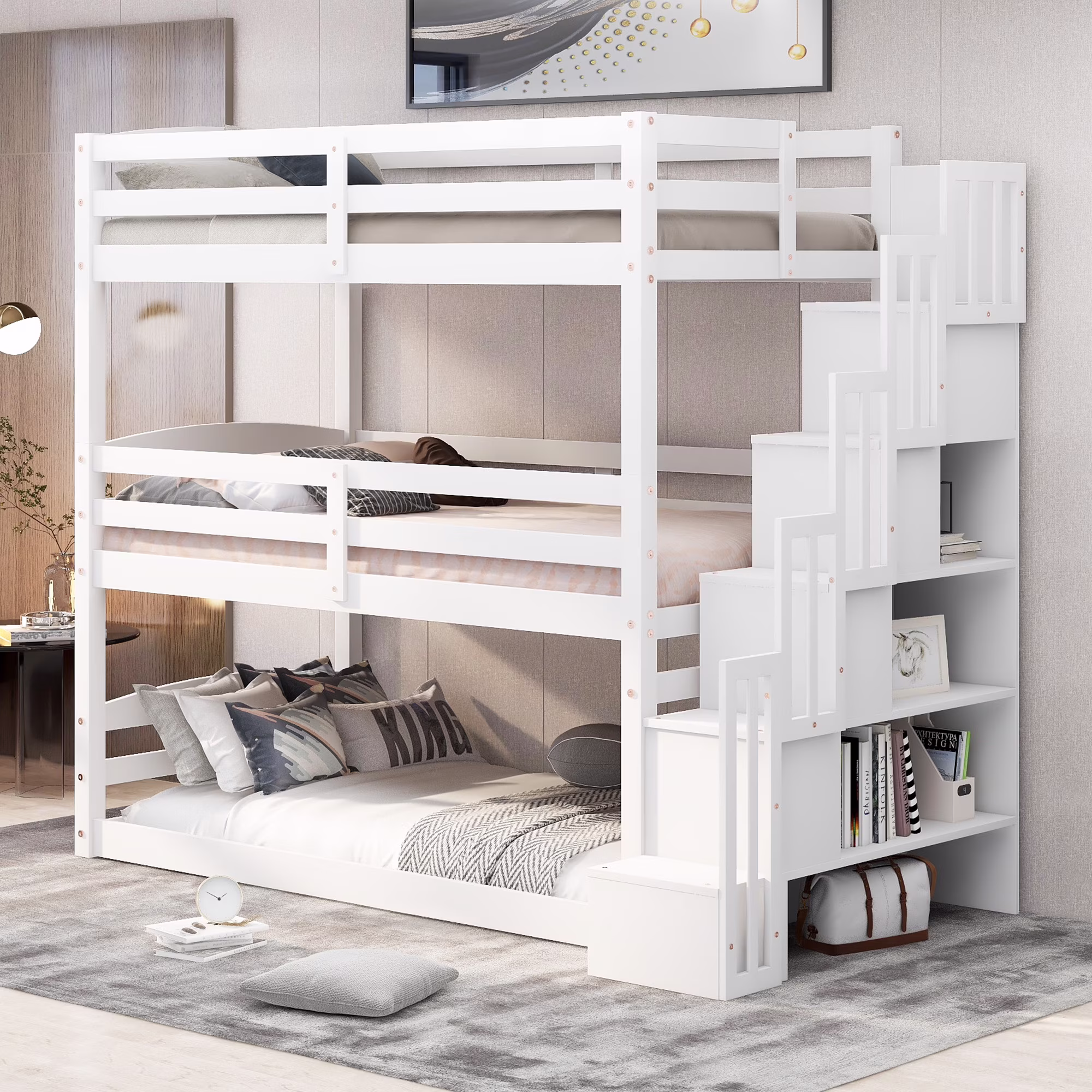 Twin Size Triple Bunk Bed with Storage Staircase, Separate Design, White
