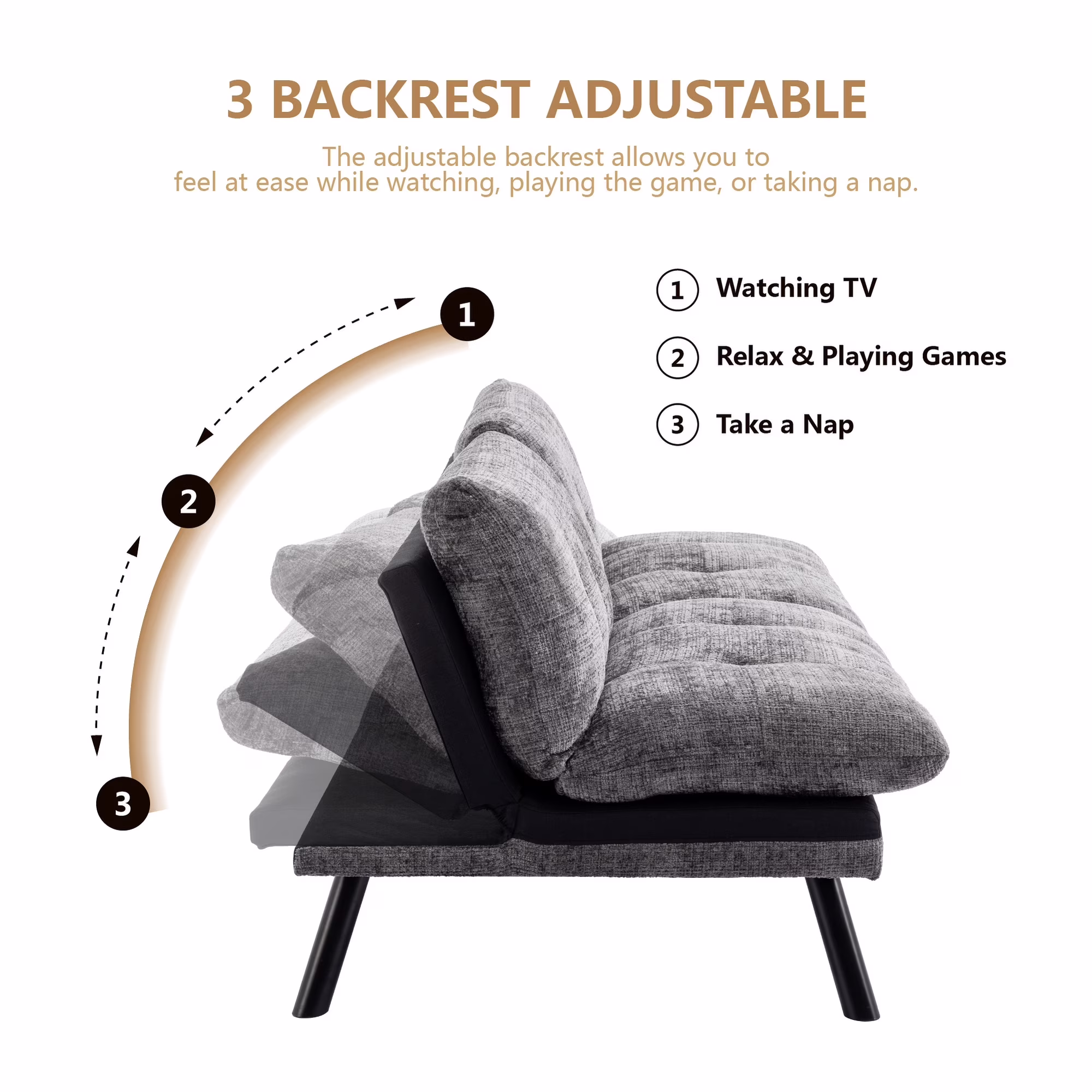 Clihome Convertible Sofa Bed Adjustable Futon Bed with Metal Legs Grey