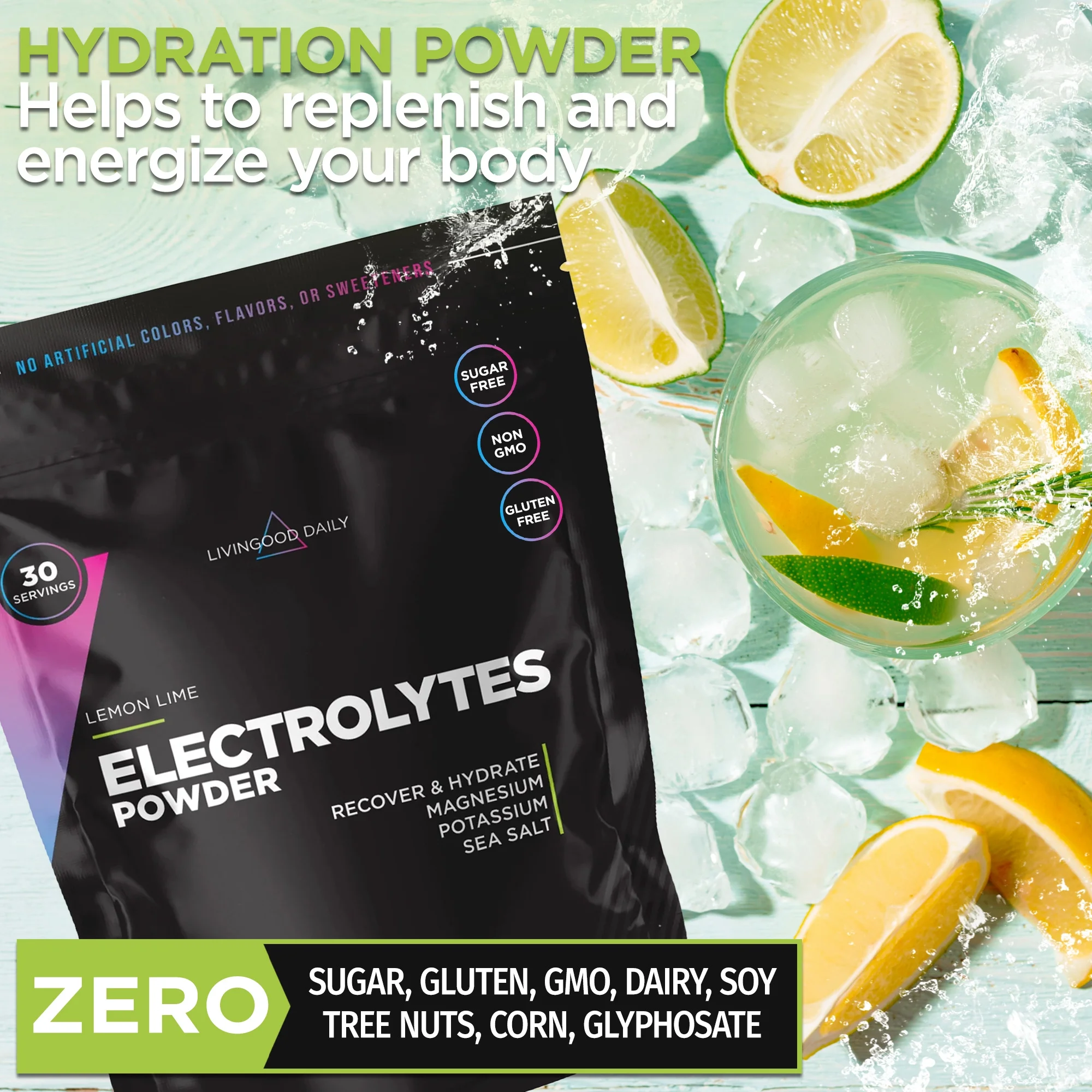 Livingood Daily Electrolyte Powder, Lemon Lime - Sugar-Free Hydration Drink Mix