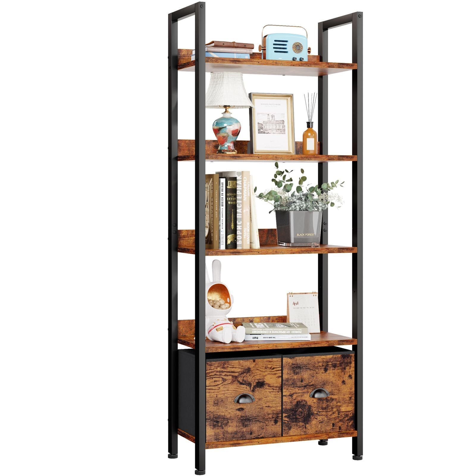 Mr IRONSTONE 5-Tier Bookshelf - Industrial Display Standing Shelf Units with 2 Storage Drawers - Perfect for Living Room, Bedroom, Home Office - Rustic Brown