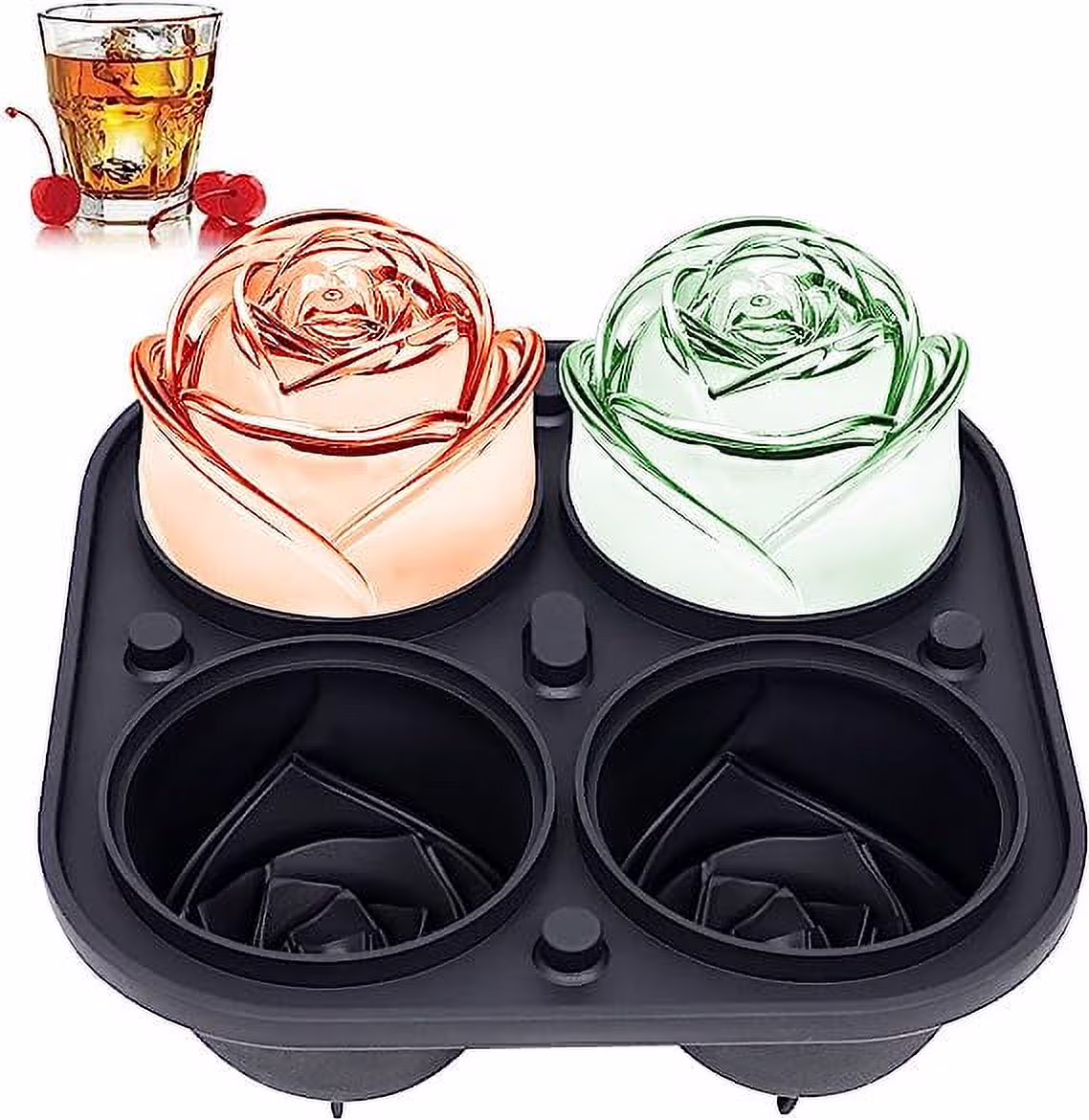 Namzi 3D Rose Ice Molds 2.5 Inch, Large Ice Cube Trays, Make 4 Giant Cute Flower Shape Ice, Silicone Rubber Fun Big Ice Ball Maker for Cocktails Juice Whiskey Bourbon Freezer, Dishwasher Safe, Black
