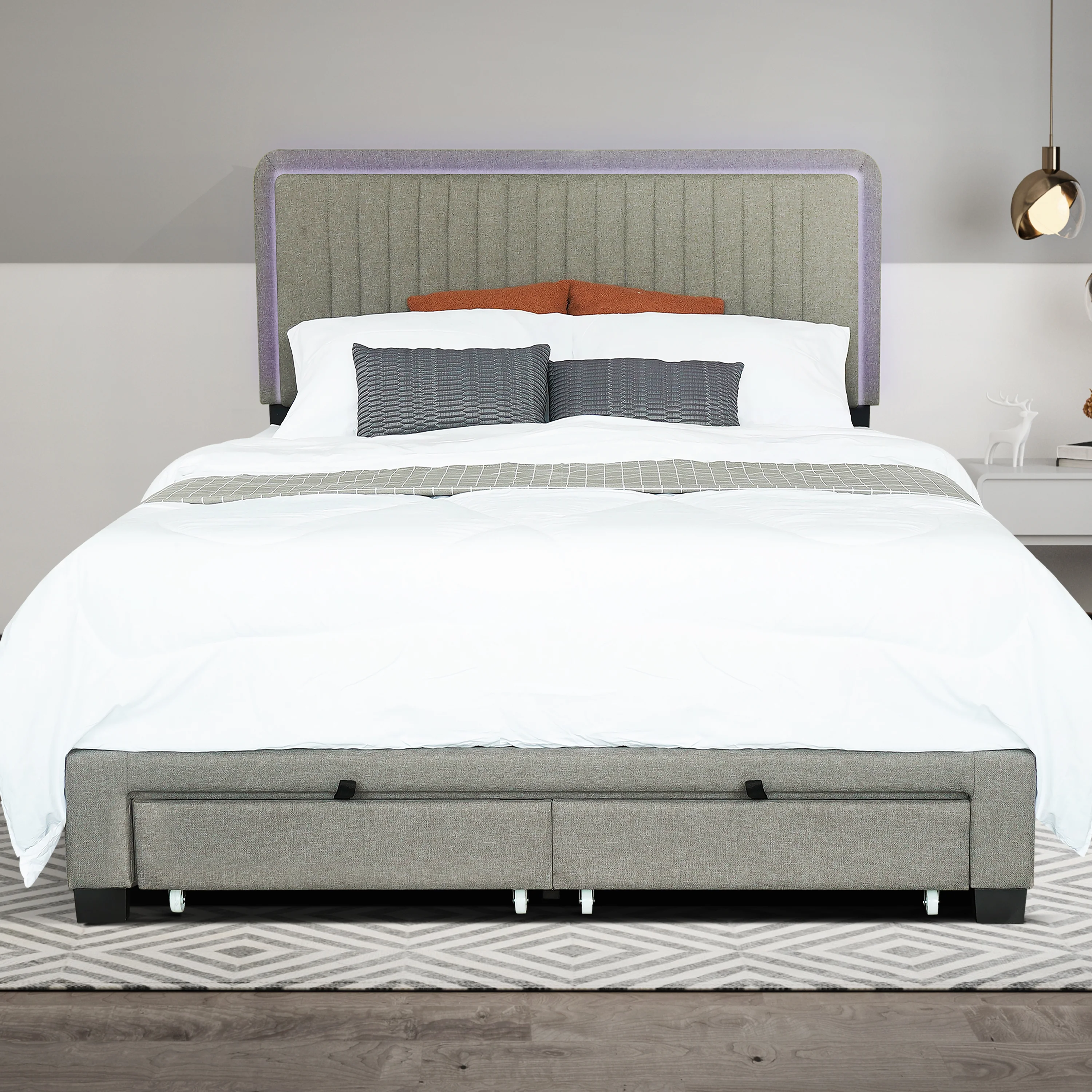 Queen Bed Frame with Adjustable LED Headboard - Linen Upholstered Platform Bed with Footboard Drawers, No Box Spring Required-Stone Gray