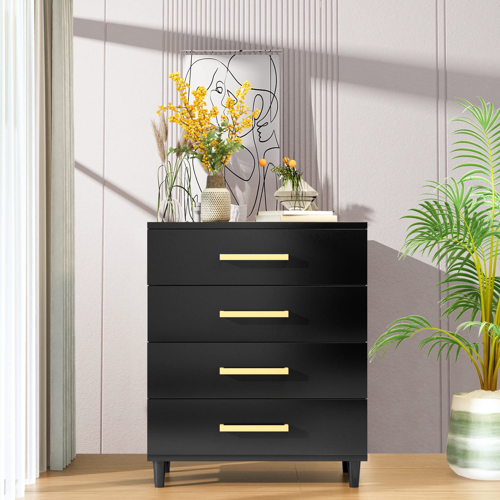 AWQM Drawer Dresser, Modern Dresser Chest with 4 Drawers and Metal Handles, for Bedroom, Office, Living Room, Black