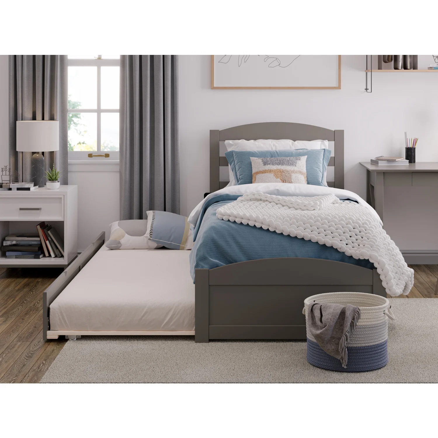 AFI Warren Solid Wood Twin Bed w/ Footboard & Twin Trundle in Gray