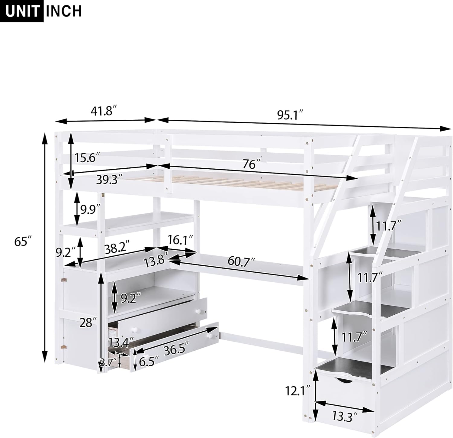 Size Loft Bed With Stairs And Desk, Solid Wood Loft Bed With Bookshelf And Drawers, High Loft Bed Frame With Storage Staircase For Kids Teens, White