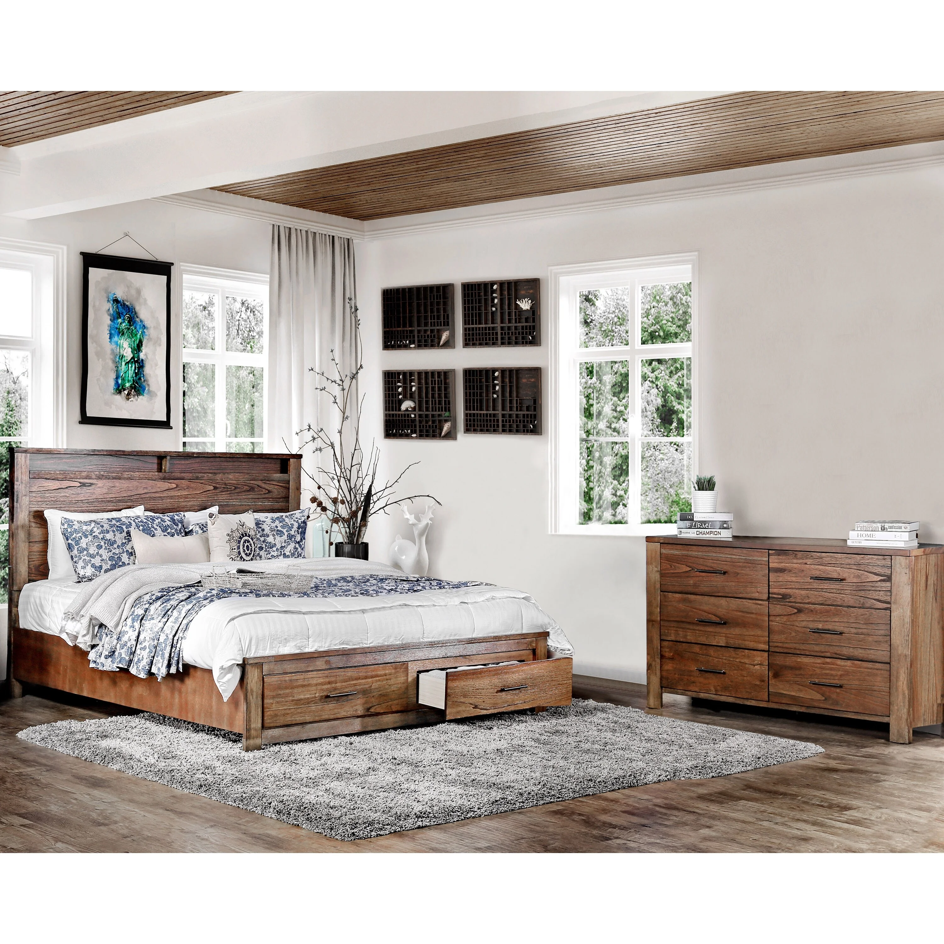 Furniture of America Slyvester Rustic Brown Cal King Wood 2-Piece Storage Platform Bed Set by