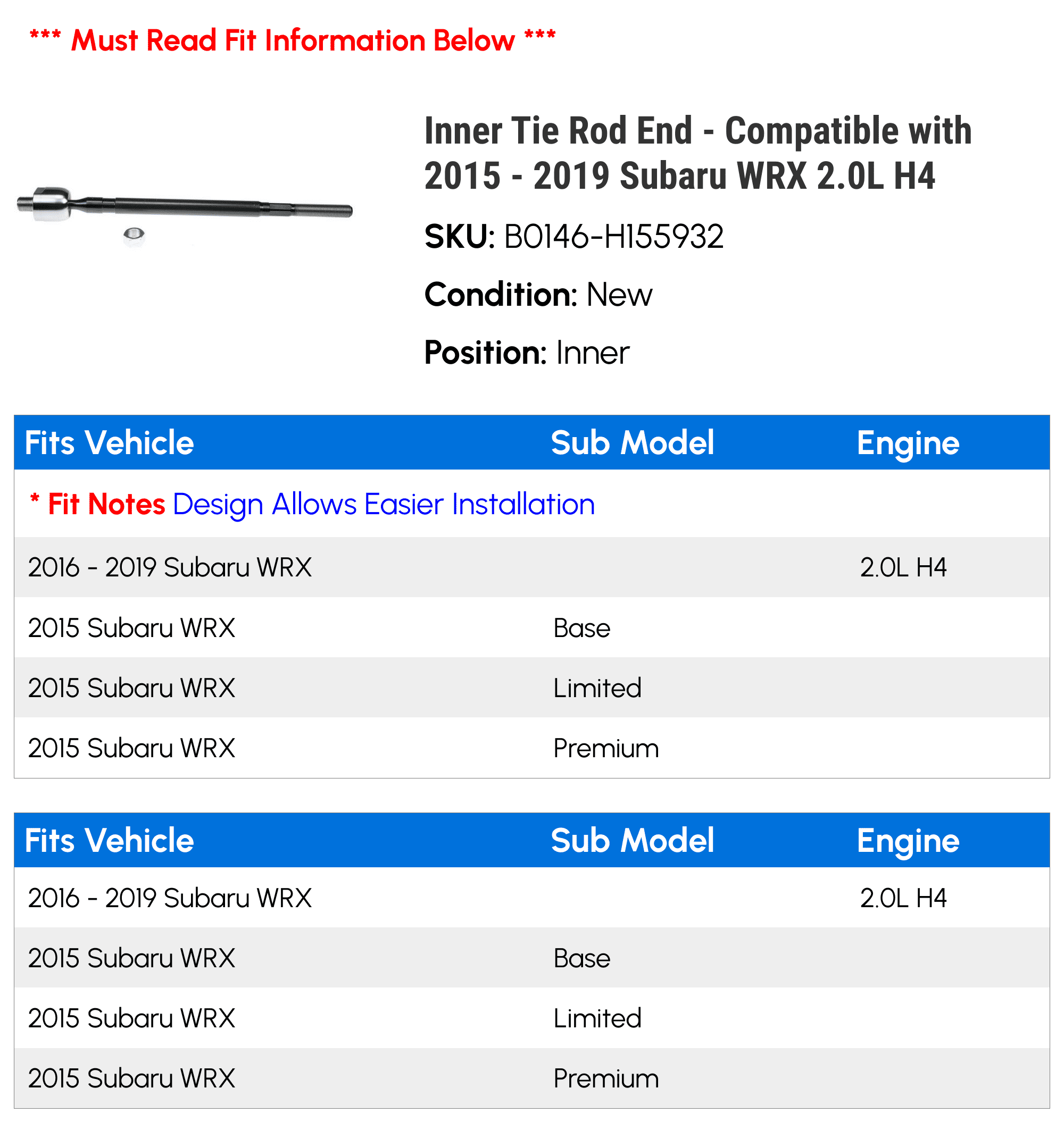 Inner Tie Rod End - Compatible with 2015 - 2019 Subaru WRX 2.0L H4 2016 2017 2018