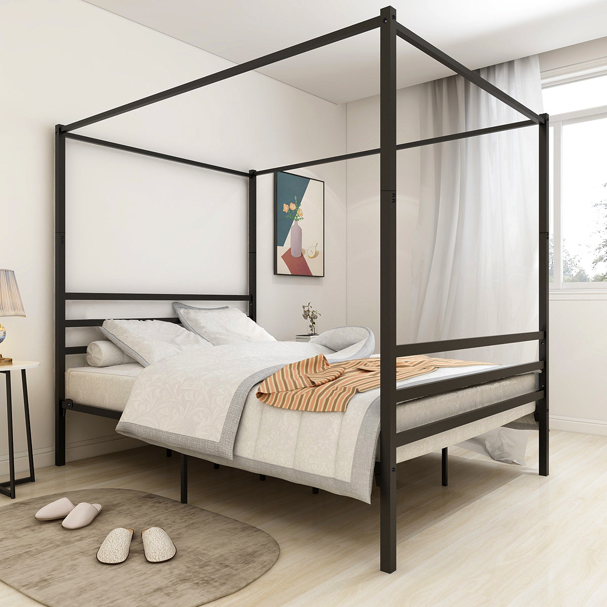 ElegantRest Metal Canopy Bed - Queen Black