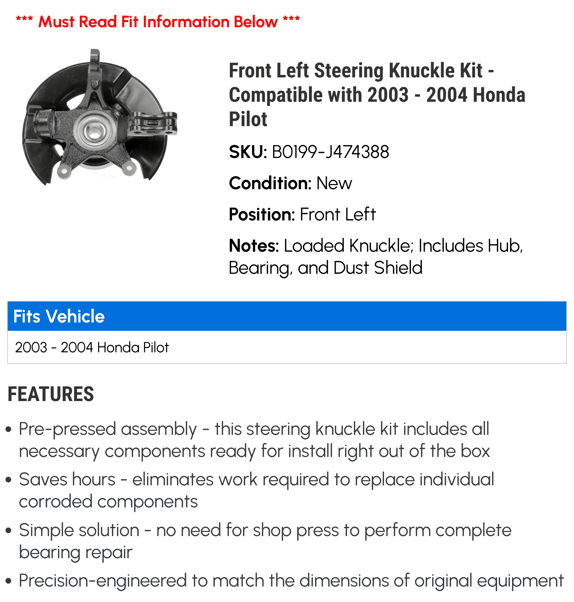 Front Left Steering Knuckle Kit - Compatible with 2003 - 2004 Honda Pilot