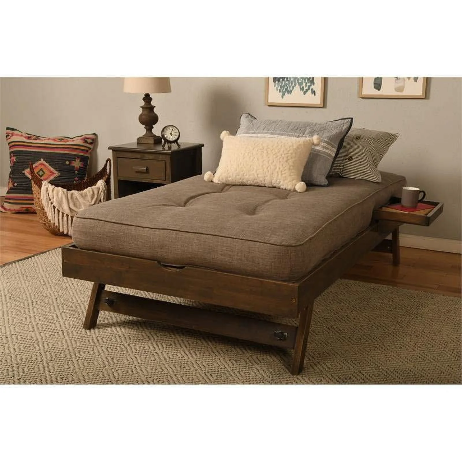 Kodiak Furniture Boho Wood Pop Up Bed in Walnut Brown with Mattress and Tray