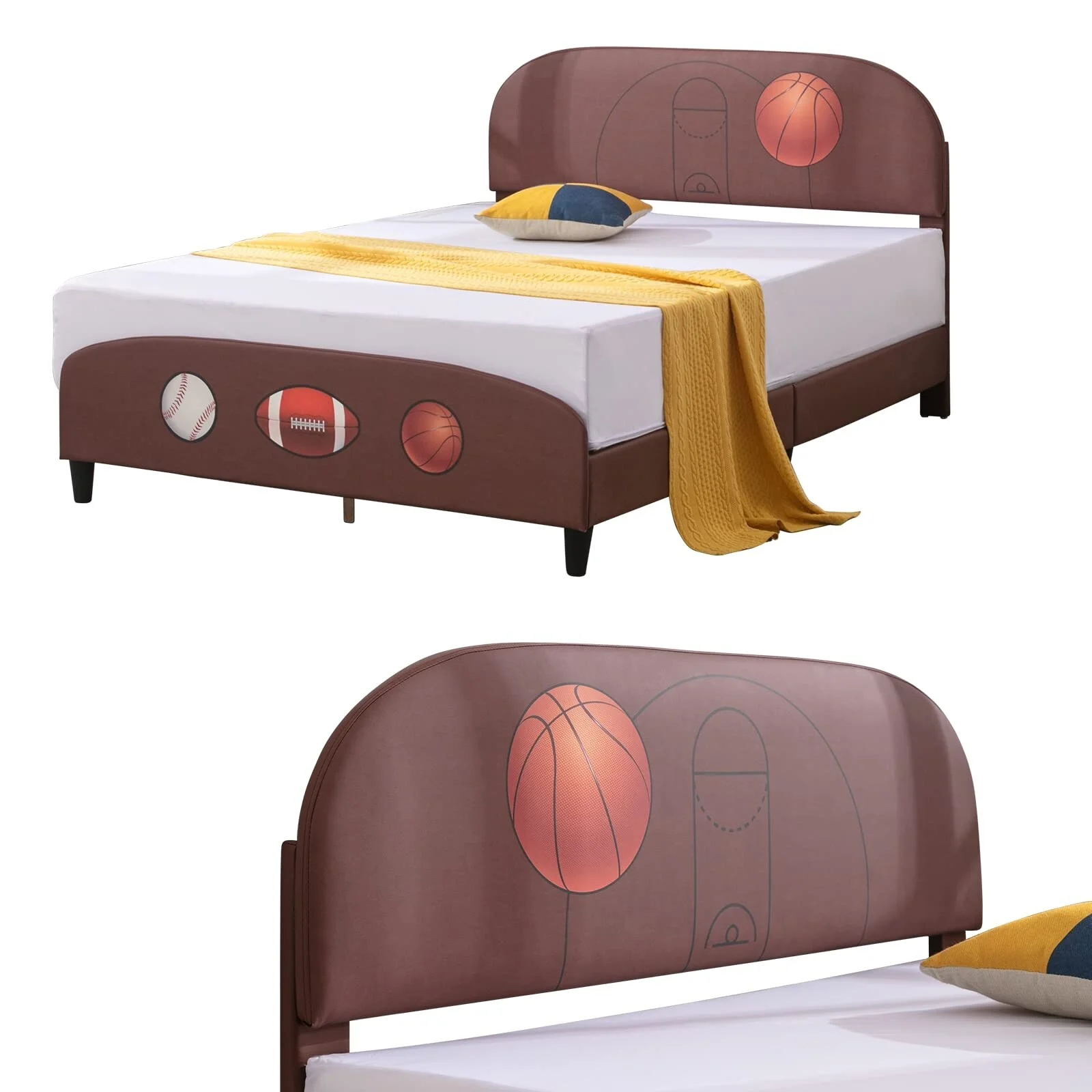 Mixoy Kids Bed Frame, Faux Leather Upholstered Platform Bed Frame ,Children Bed Frame with Sport Style Design Basketball - Twin