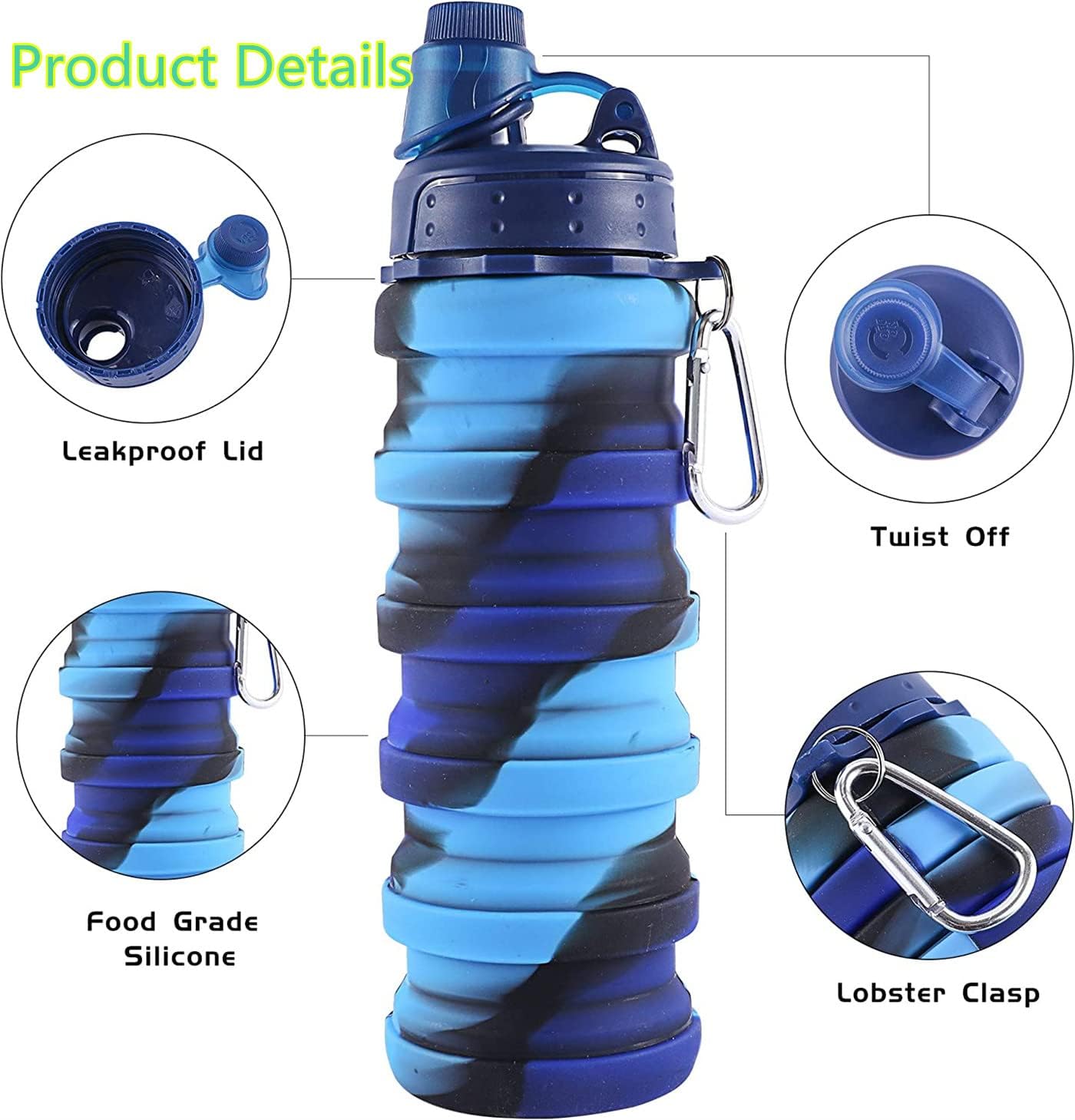 Collapsible Water Bottle, 17oz Reusable Bpa Free Silicone Foldable Sports Water Bottles for Travel Camping Hiking Outdoor Indoor Sport-Blue With Handle