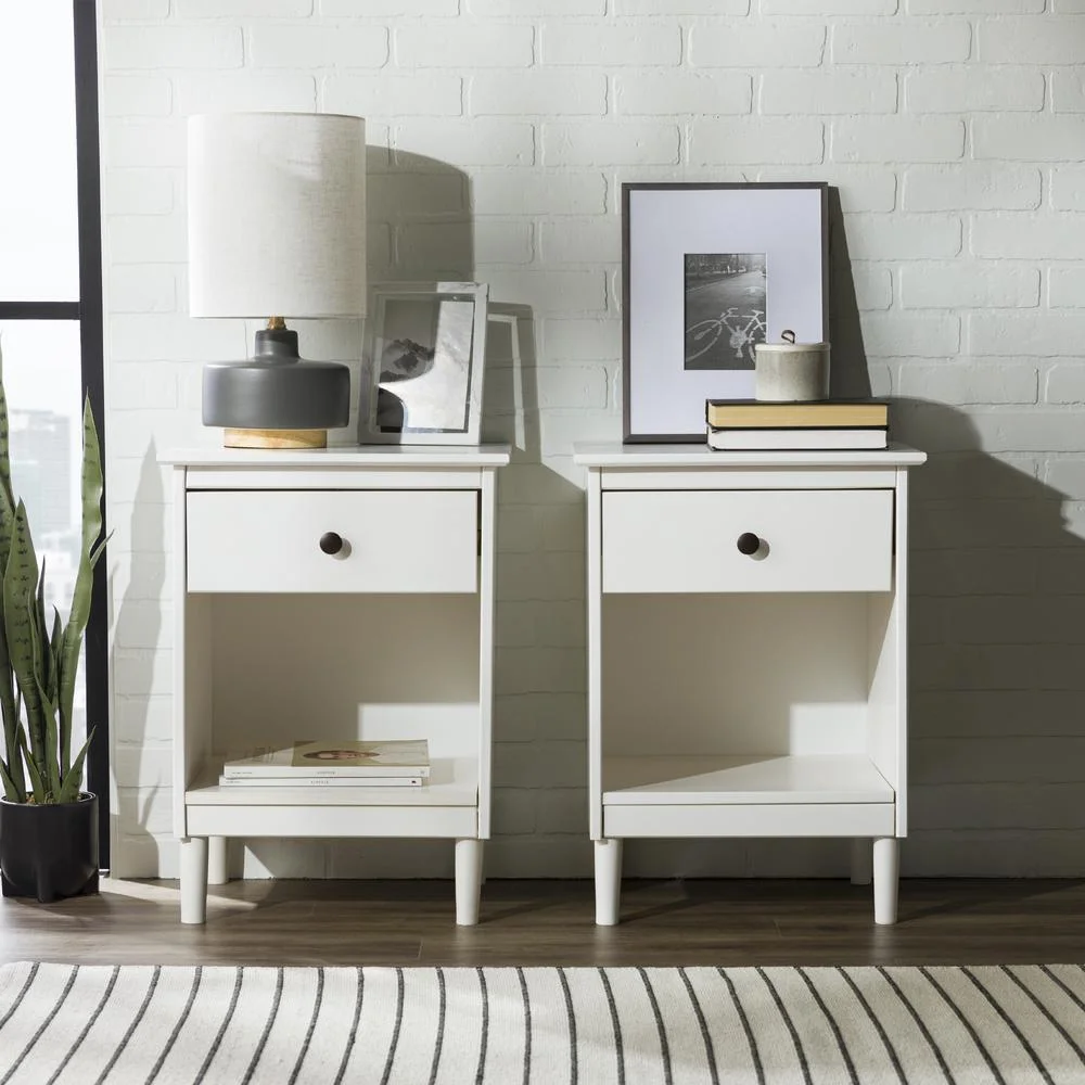 Mid-Century Solid Wood 1-Drawer Bedroom Nightstand in White (Set of 2)