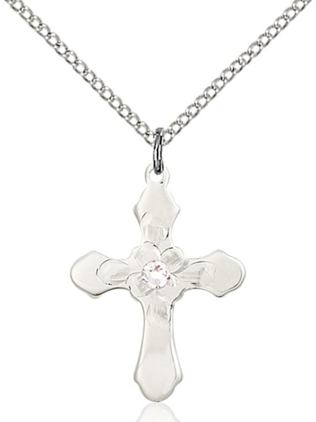 Sterling Silver Cross Pendant with 3mm April Swarovski Crystal 7/8 x 5/8 inches with Sterling Silver Lite Curb Chain