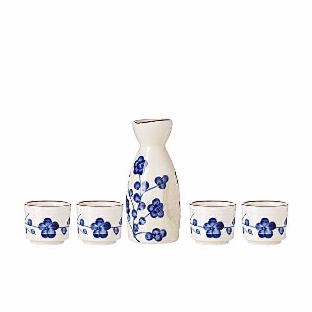 TJ Global 5-Piece Sake Set, Durable Ceramic Japanese Sake Set with 1 Carafe/Decanter/Tokkuri Bottle and 4 Ochoko cups for Hot or Cold Sake at Home or Restaurant - White with Blue Flowers