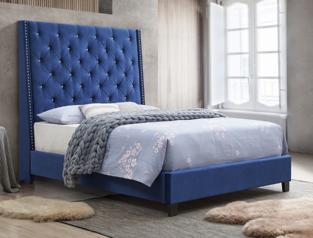 Elegant Contemporary Upholstered 1Pc Queen Bed Button Tufted Headboard Demi-Wings Royal Blue Bedroom Furniture