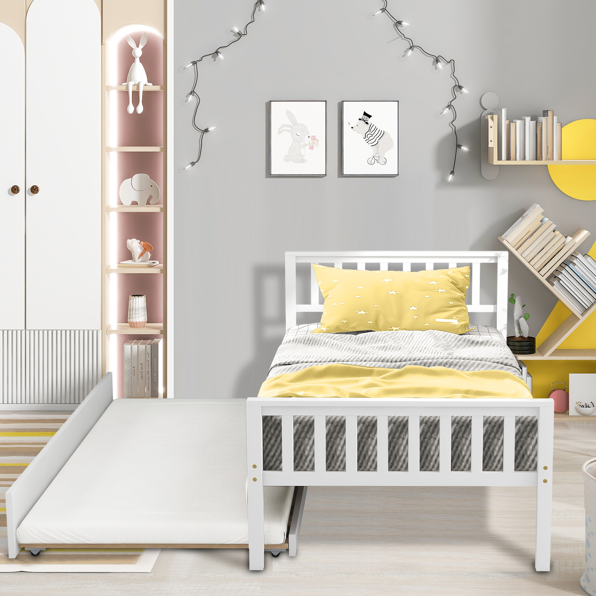 iRerts White Wood Platform Bed Frame with Trundle, Kids Daybed with Headboard and Footboard for Boys Girls Sleepovers