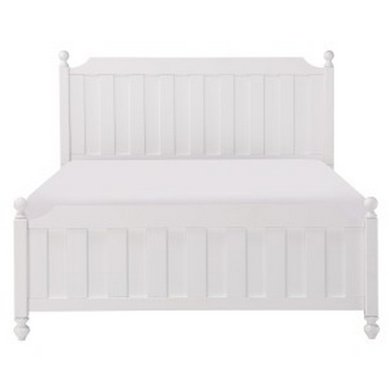 Wood Queen Size Bed, Stable Turned Feet, Finial Accents, Crisp White Finish- Saltoro Sherpi