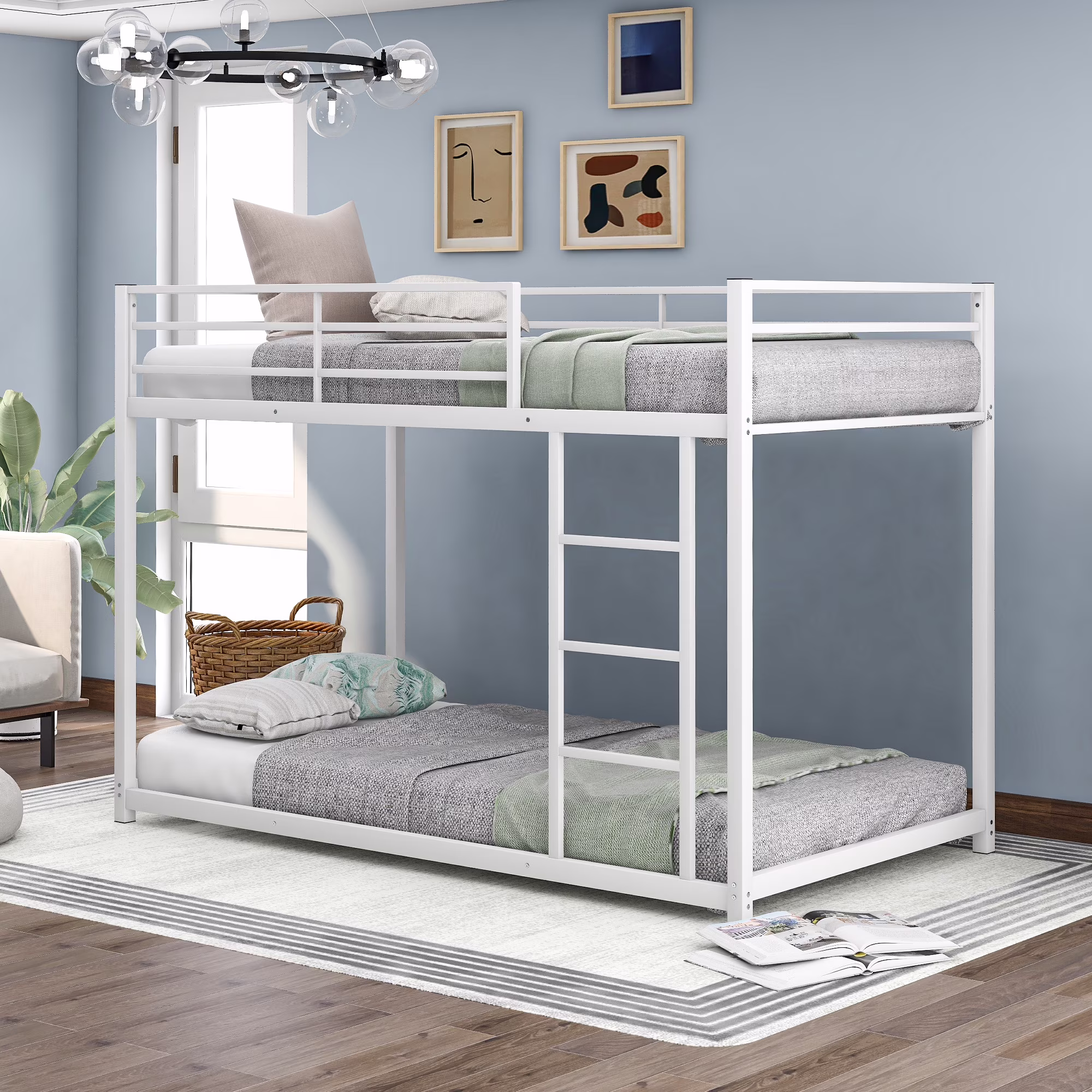 EUROCO Metal Twin over Twin Bunk Bed with Storage Shelf for Kids' Room, White