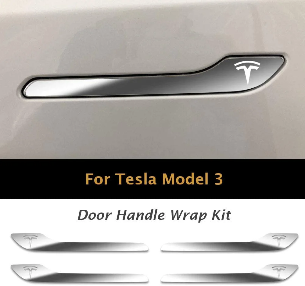 IPG for Tesla Model 3 / Model Y Door Handle Decal Sticker Wrap Kit (Set of 4) with Tesla Logo (Silver Chrome)