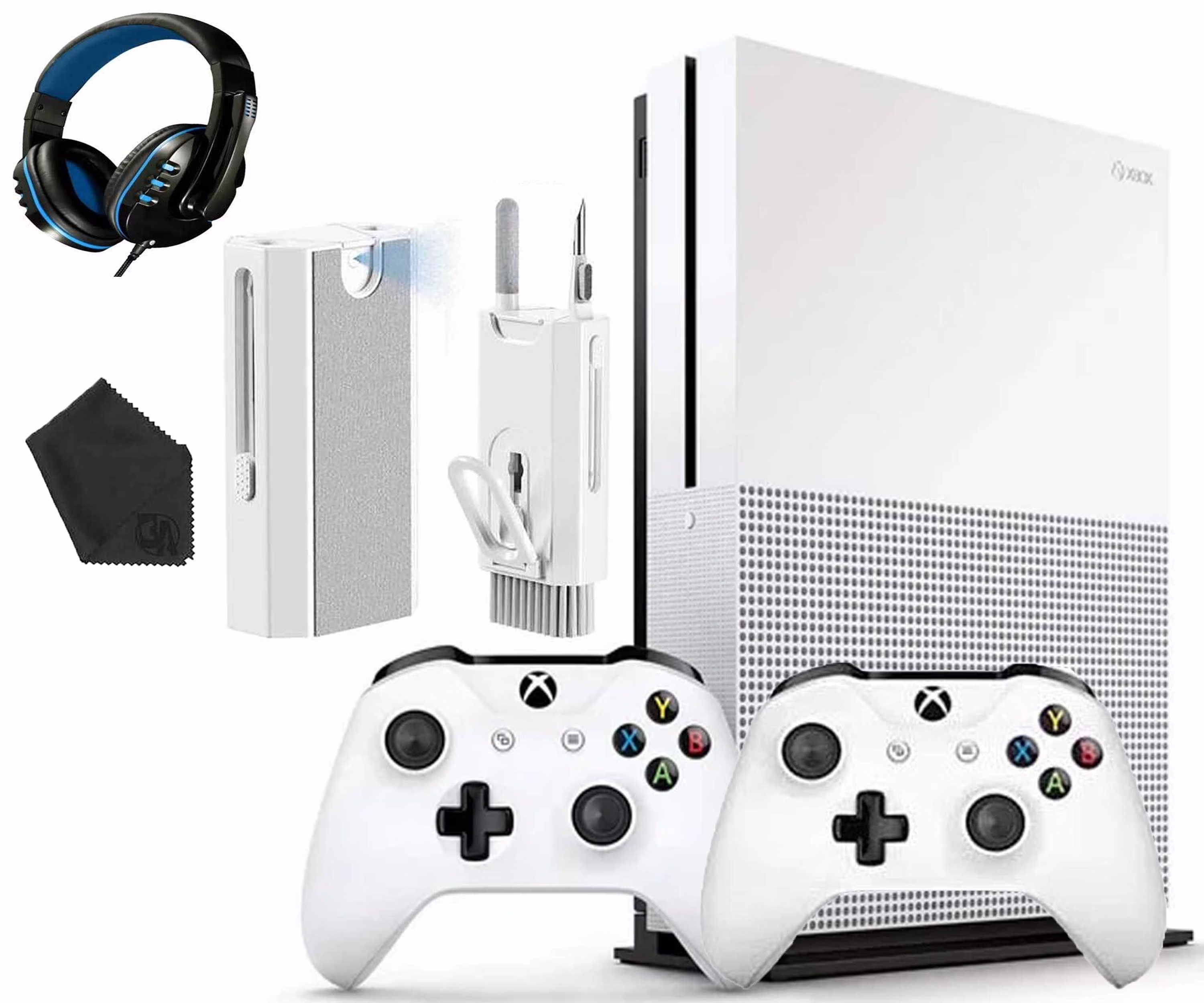 Microsoft Xbox One S 1TB Gaming Console White with 2 Controller Headset Cleaning Kit