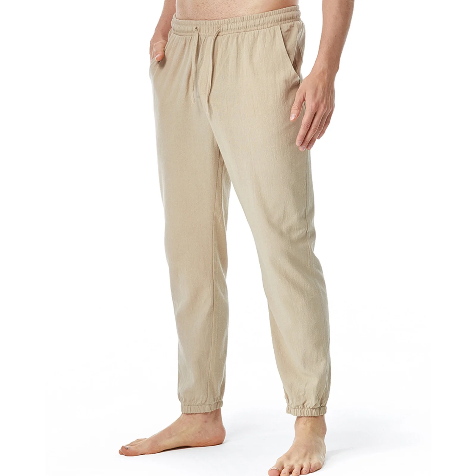 Guzom Mens Chinos Pants- Casual Drawstring Elasticated Waist Relaxed Fit Joggers Pants Khaki