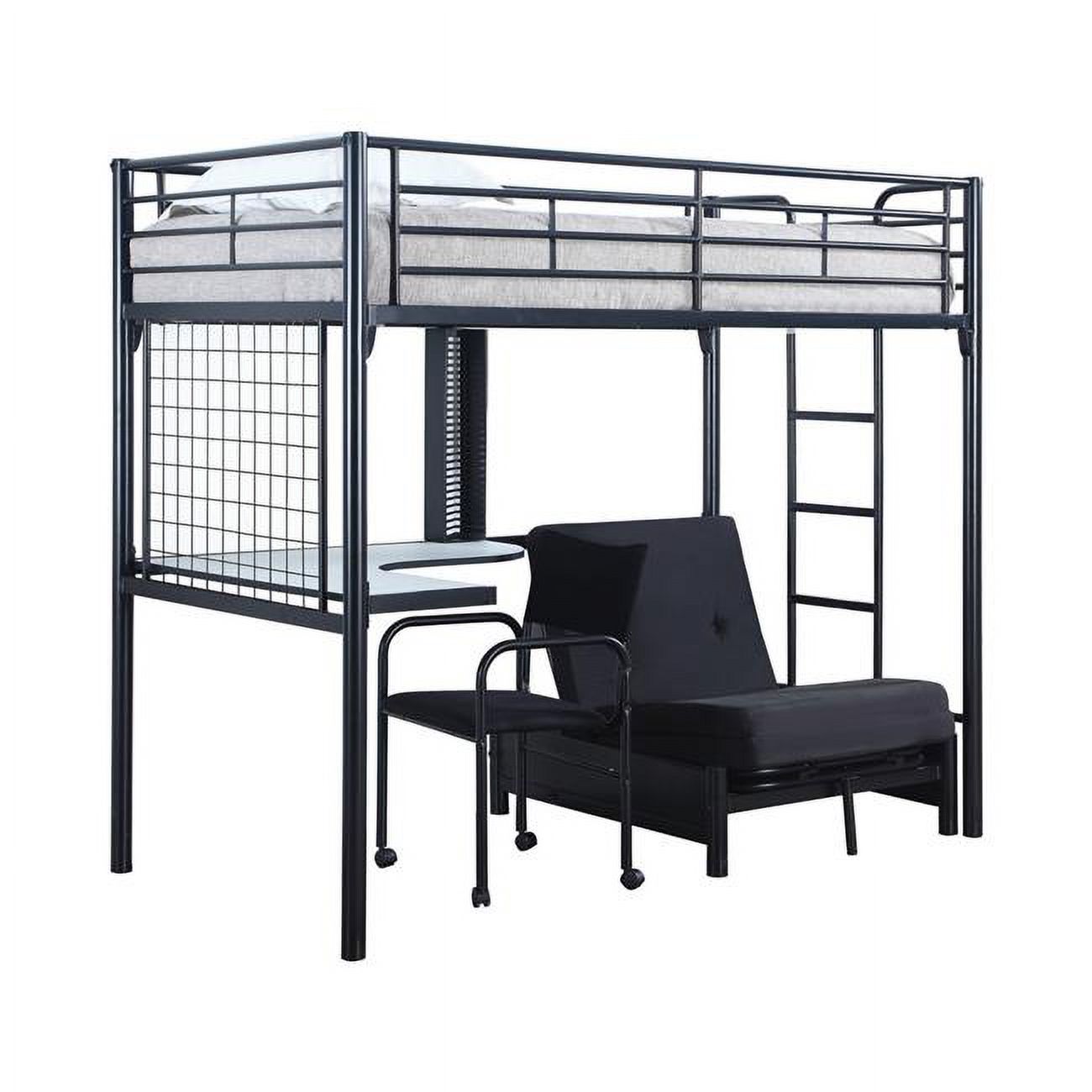 Benjara BM302802 Futon Frame Metal Twin Size Loft Bed with Workstation& Desk Chair, Black & White