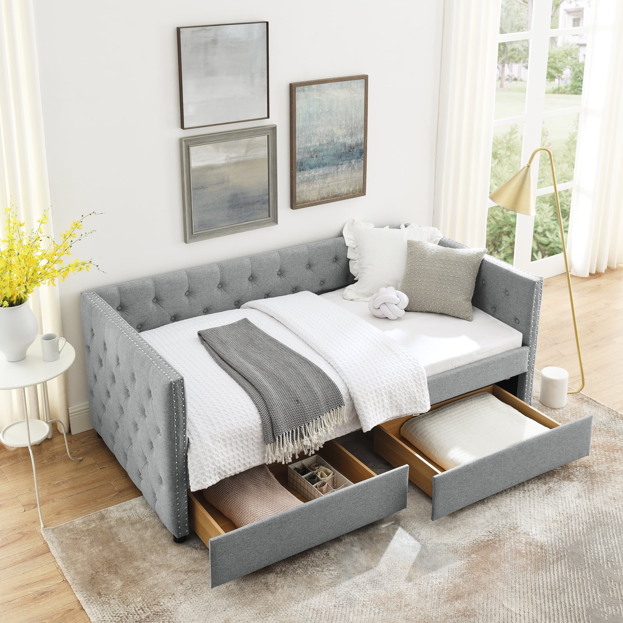 Andoer Upholstered Twin Size Daybed with Two Drawers, with Button and Copper Nail on Arms, Grey (82.75''x43''x30.75'')
