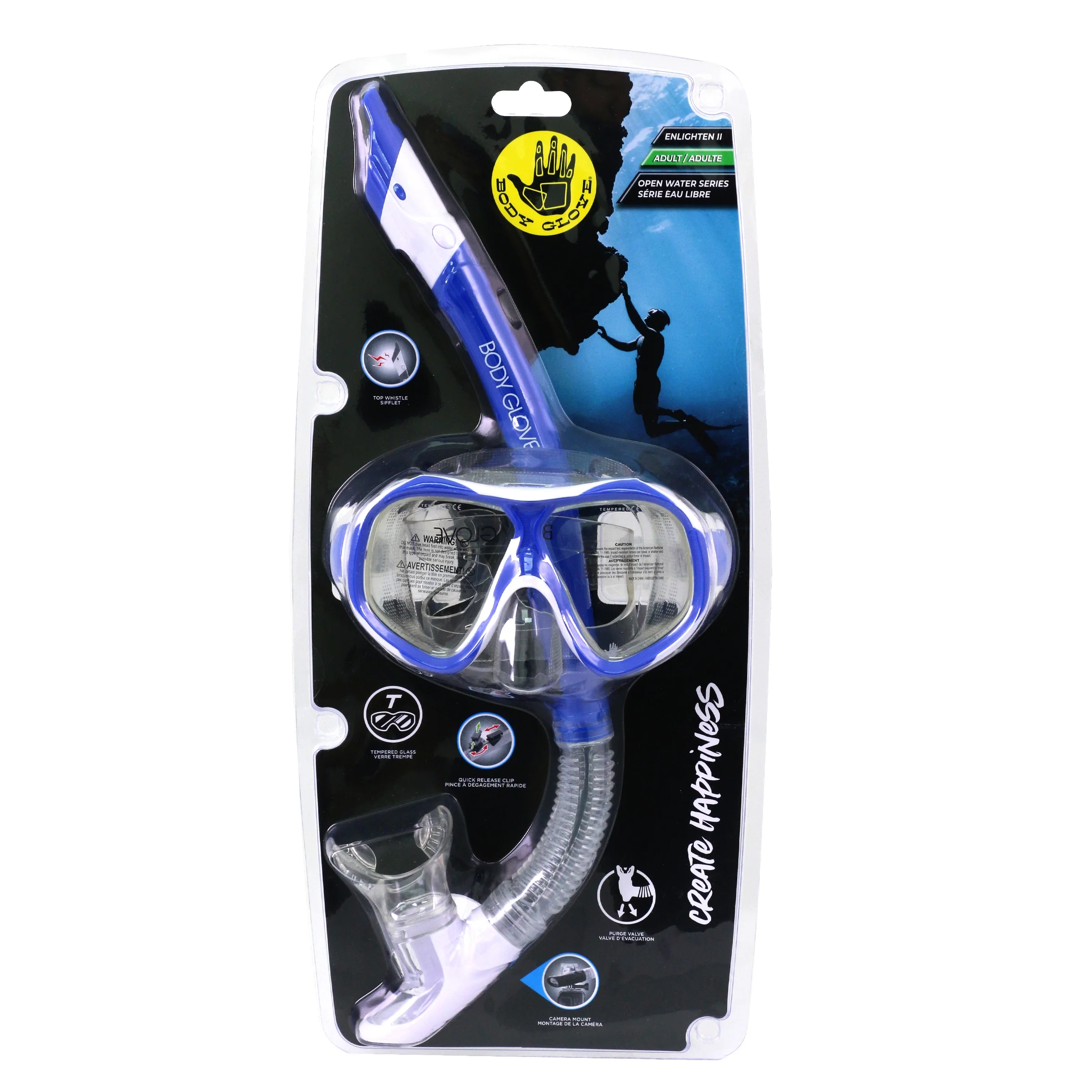 Body Glove Enlighten II Adult Swimming Diving Mask and Snorkel Combo, GoPro Mount on Snorkel, Blue