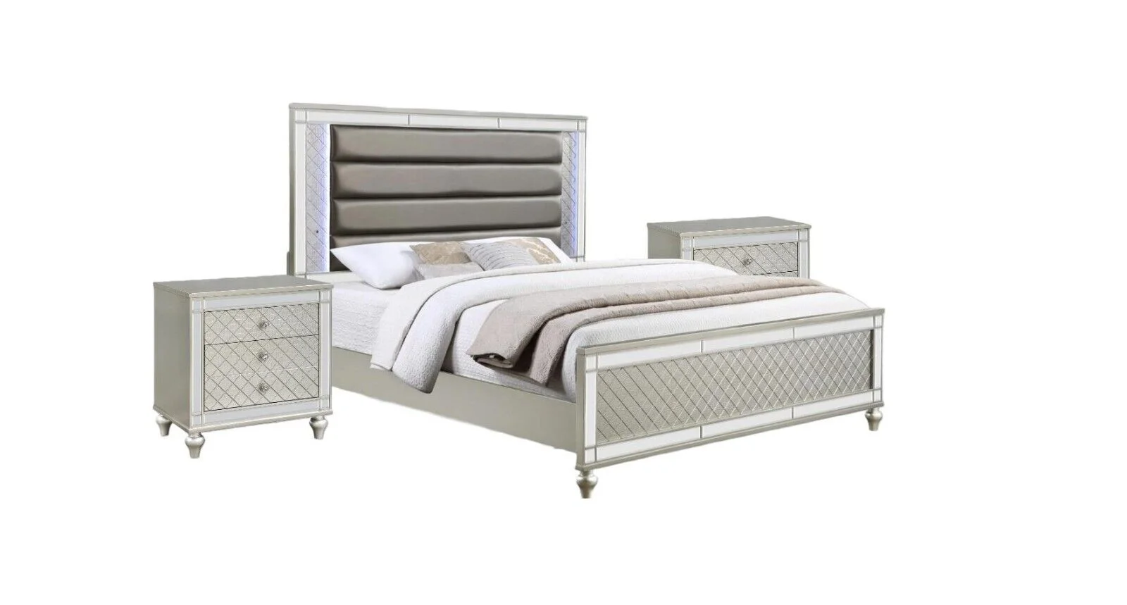 Beautiful Modern Glam Style 3pc California King Size LED Panel Bed and Storage Nightstand Set