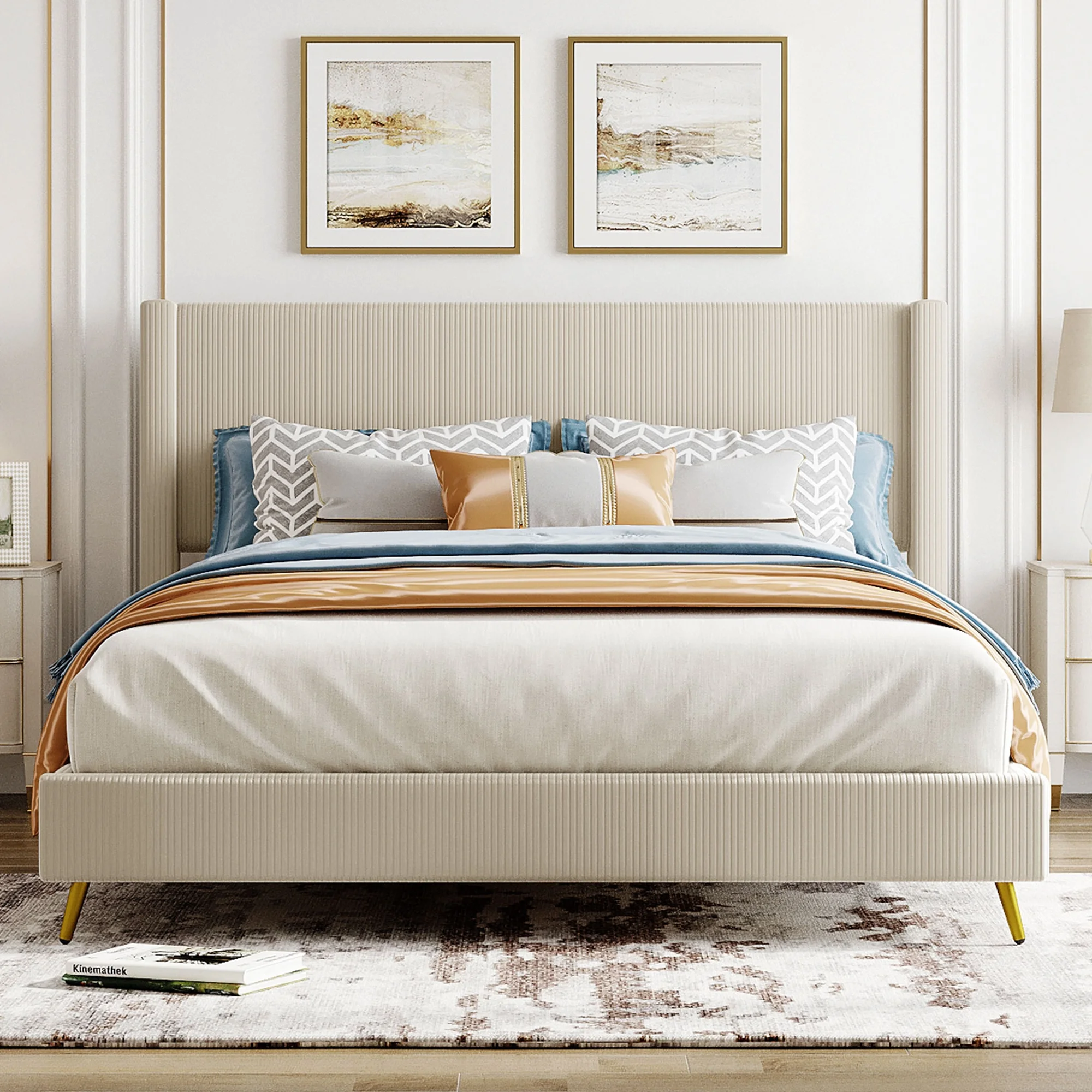 HSUNNS Queen Size Platform Bed Frame with Corduroy Upholstered Headboard and Wooden Slat Support, Queen Upholstered Bedroom Furniture, Metal Legs, No Box Spring Needed, Easy Assembly, Beige