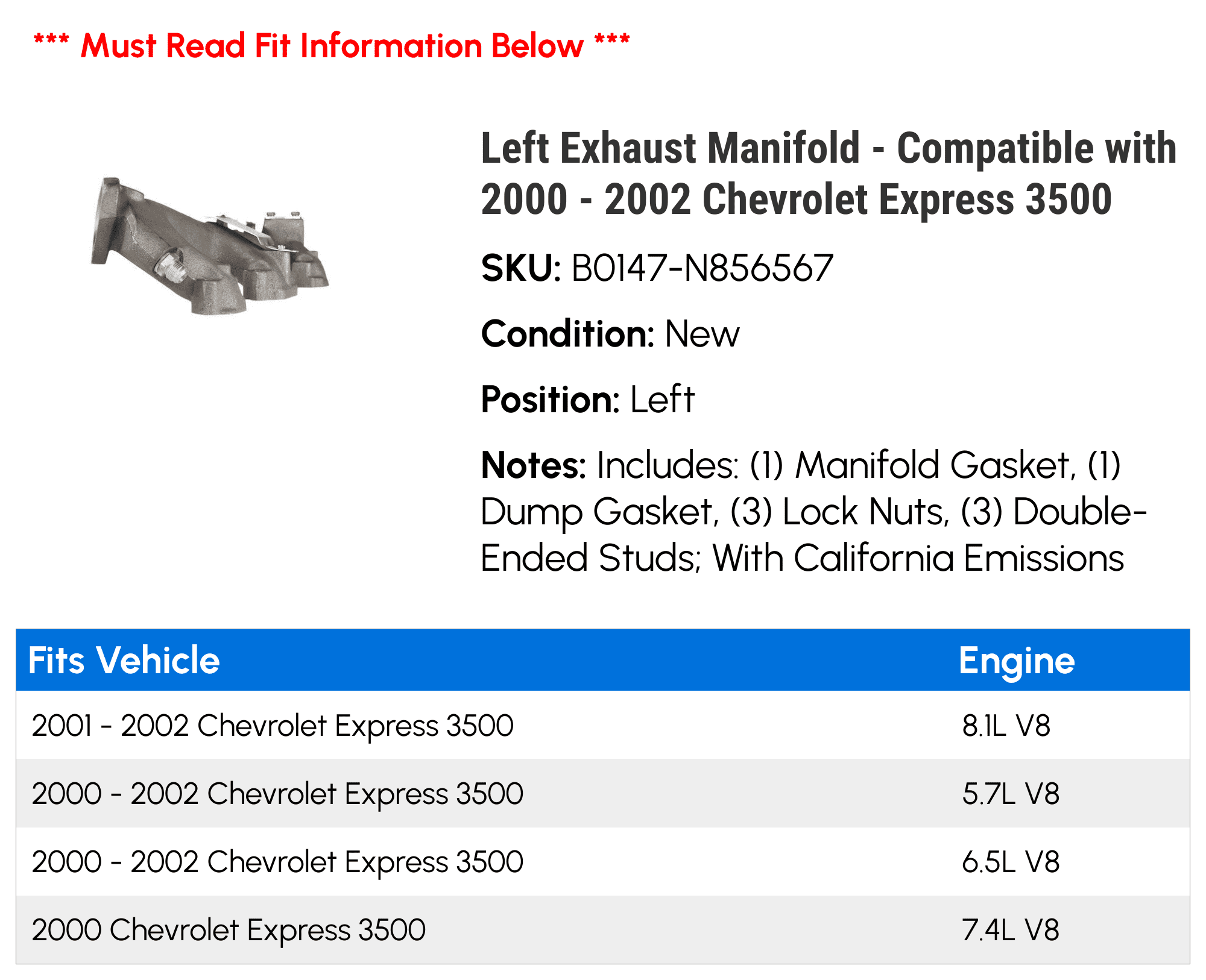 Left Exhaust Manifold - Compatible with 2000 - 2002 Chevy Express 3500 2001