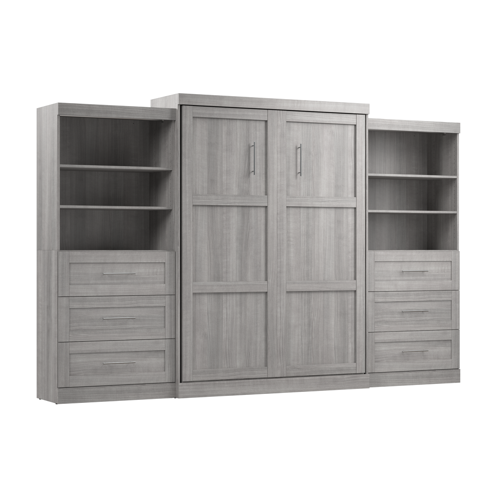 Bestar Pur Queen Murphy Bed and 2 Shelving Units with Drawers (136W) in Platinum Gray