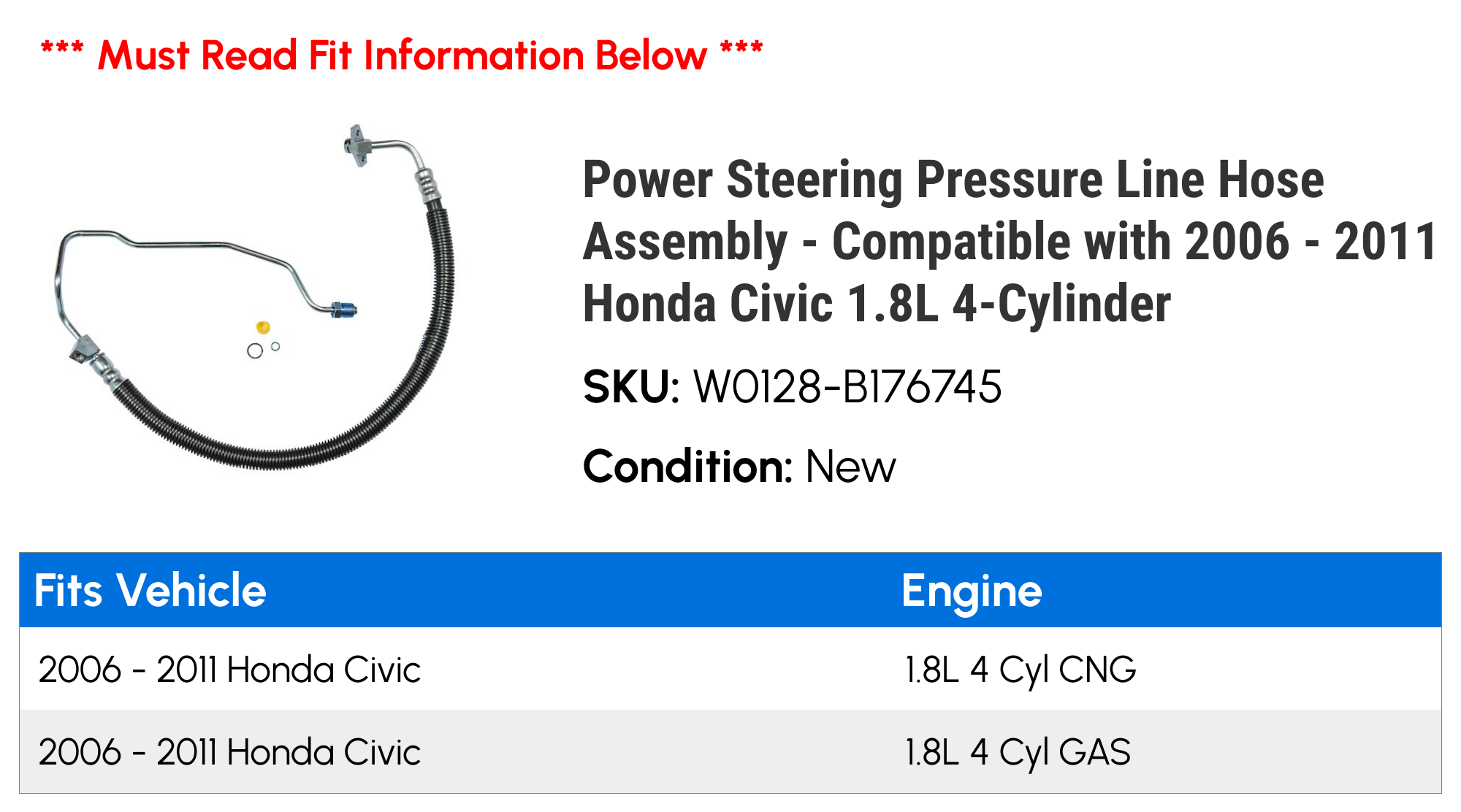 Power Steering Pressure Line Hose Assembly - Compatible with 2006 - 2011 Honda Civic 1.8L 4-Cylinder 2007 2008 2009 2010