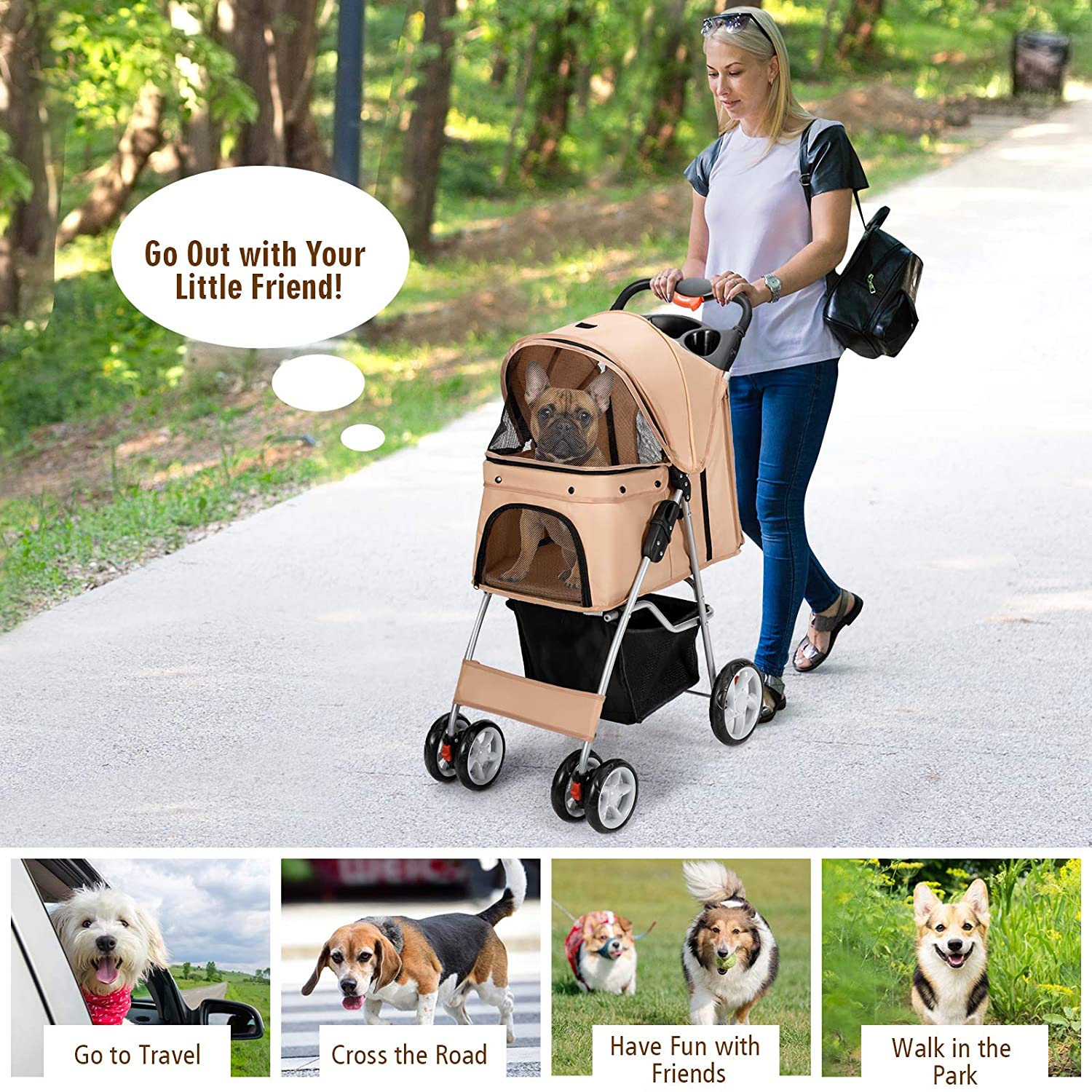 Folding Dog Stroller, Pet Stroller for Small Medium Dogs Cats Puppy, 4 Lockable Wheels Cat Stroller Travel Carrier Strolling Cart with Safety Belt, Removable Liner and Storage Basket (Beige)