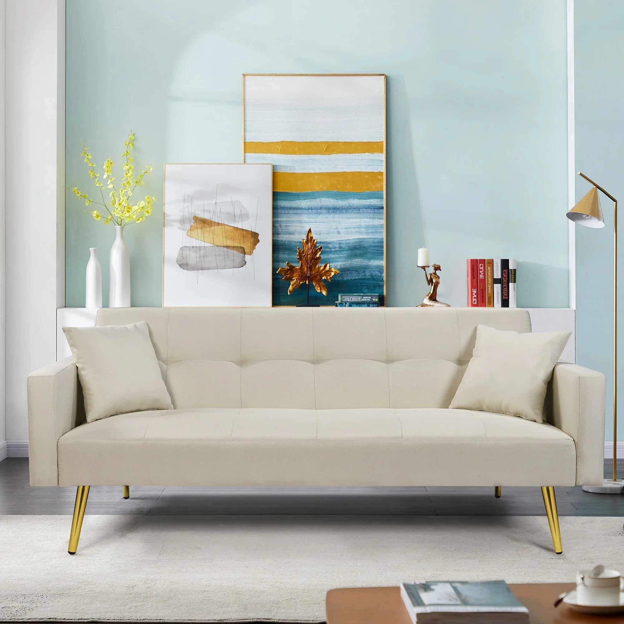 Convertible Folding Futon Sofa Bed with Metal Legs,Off White