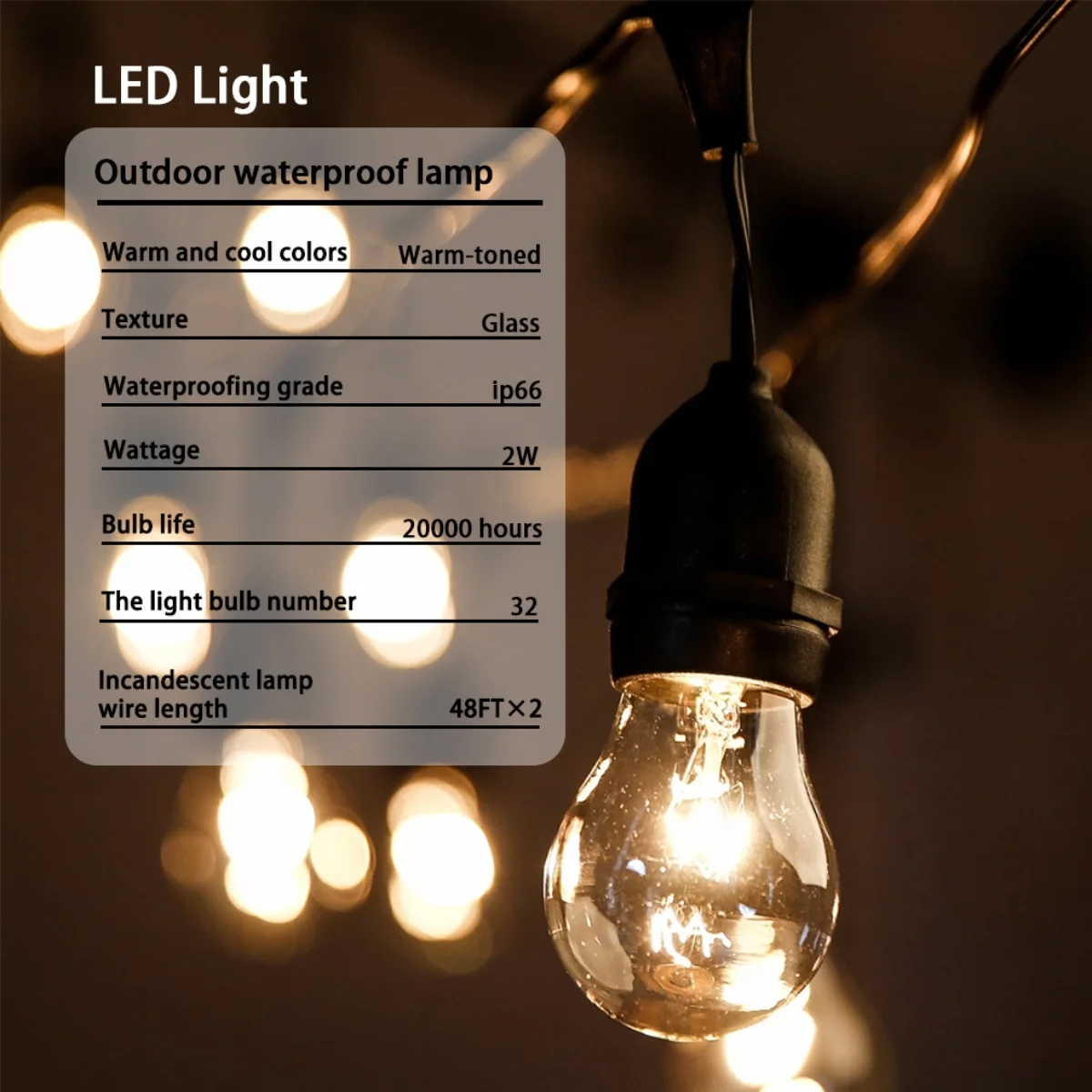 Outdoor String Lights LED Patio Lights Weatherproof Strand Edison Vintage Bulbs Hanging Lights String Commercial Decor Decorative Cafe Backyard