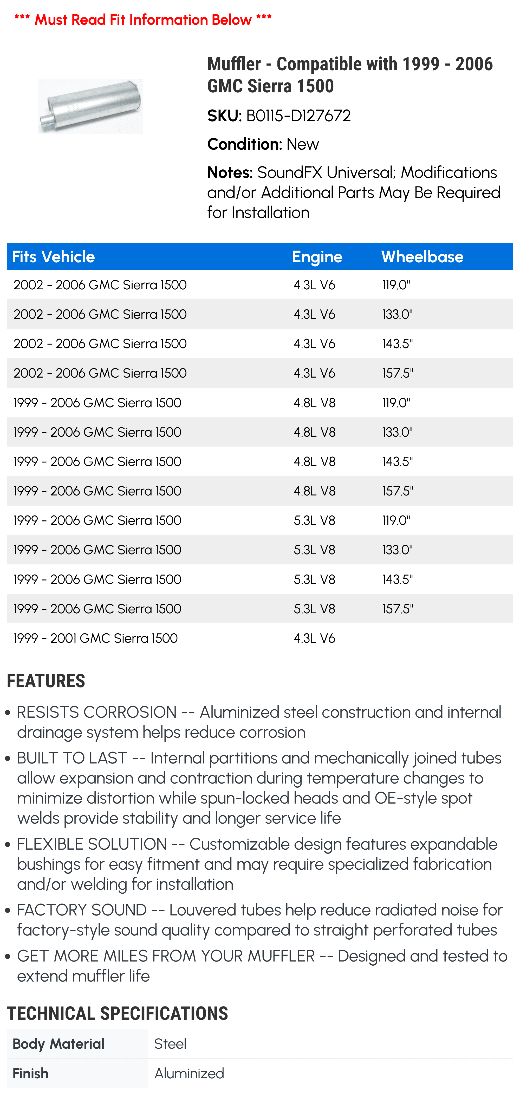 Muffler - Compatible with 1999 - 2006 GMC Sierra 1500 2000 2001 2002 2003 2004 2005