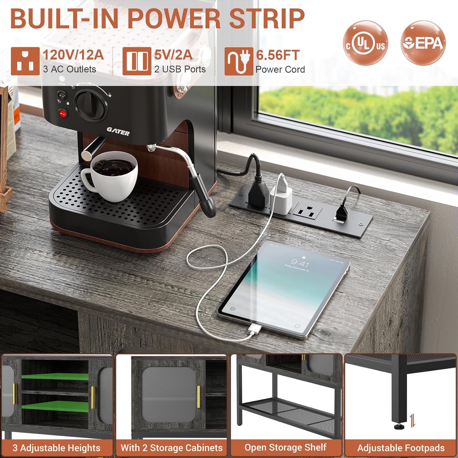 Sideboard Buffet Cabinet with Outlet and LED Light, Storage Cabinet, Cupboard Buffet Table with Storage Shelf, Entryway Console Table, Sofa Table for Dining Living Room, Black Oak