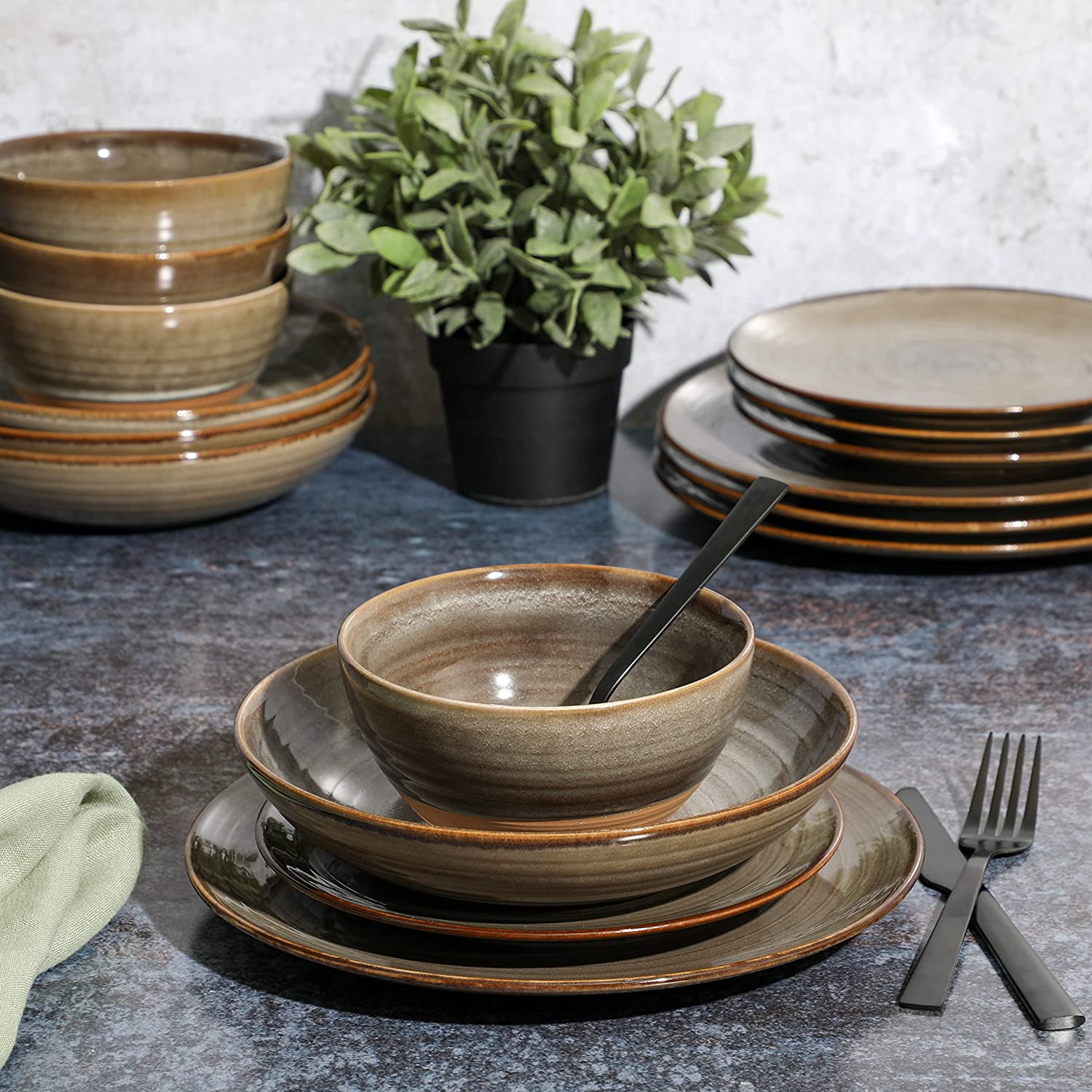 YHZCY 16 Piece Dreamweaver Double Bowl Terracotta Reactive Dinnerware Set - Earthy Brown