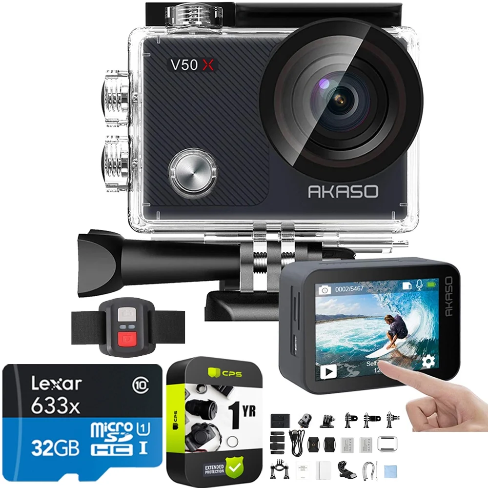 Akaso V50X Native 4K30fps WiFi Action Camera with EIS Touch Screen Bundle with Lexar High-Performance 633x microSDHC/microSDXC UHS-I 32GB Memory Card and 1 Year Extended Prtotection Plan