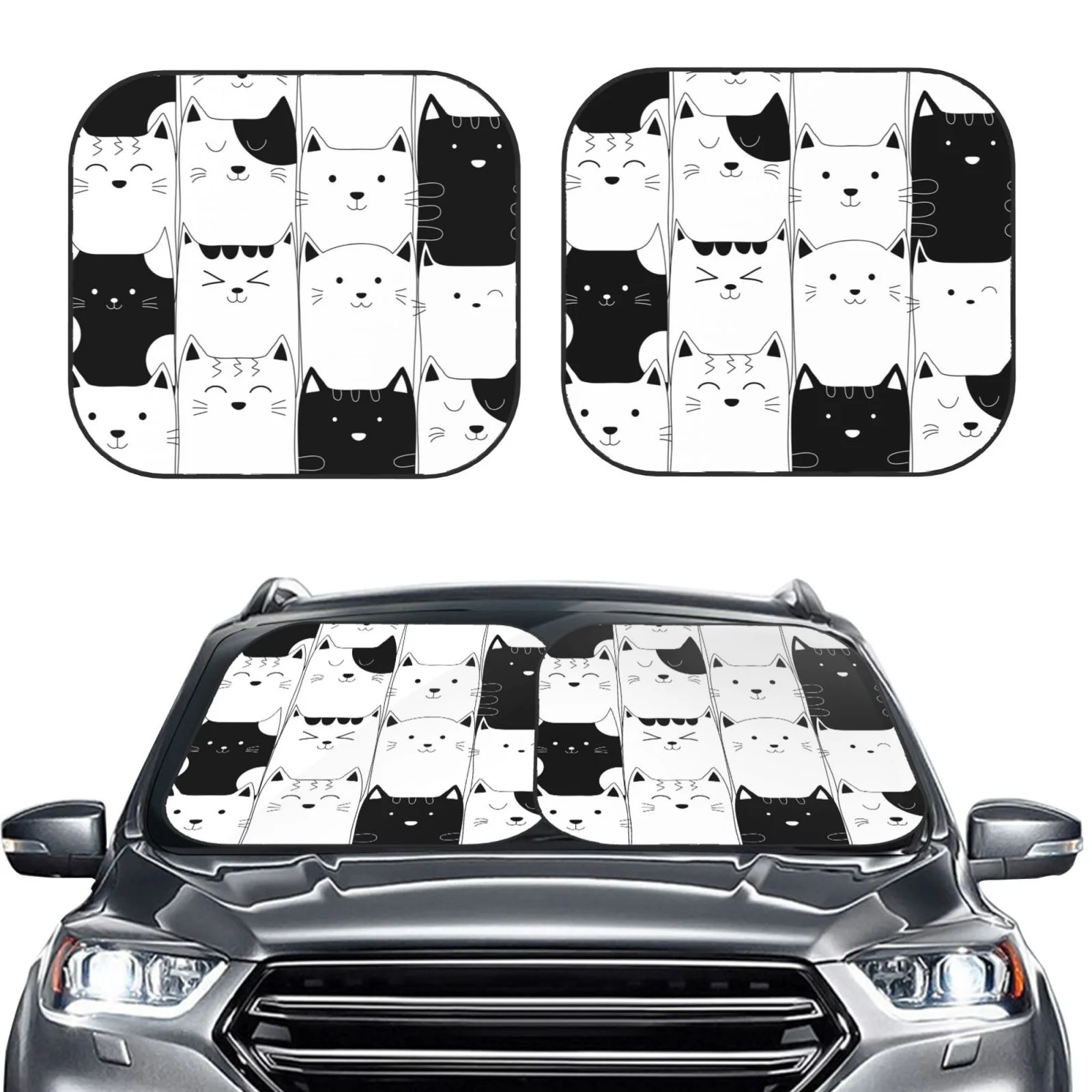 Lukts Doodle Cute Cat Print 2 Piece Car Sun Shade Windshield,Foldable Car Shade Front Windshield With Keeps Your Vehicle Cool, For Most Sedans Suv And Trucks - Small