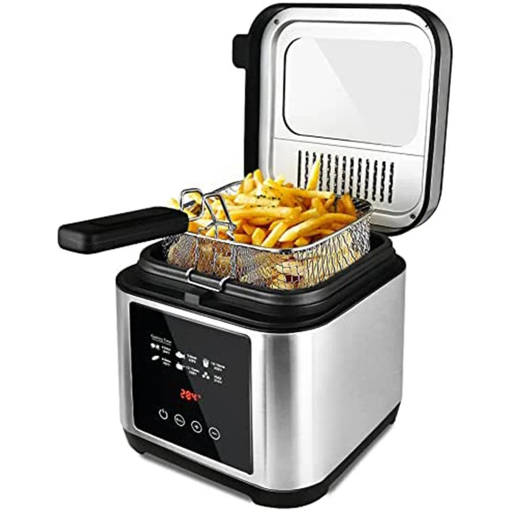 Deep Fryer, Cusimax Electric Deep Fryer with Basket, Oil Thermostat, 2.5l/2.64qt Deep Fat Fryers with Timer, Removable Lid, View Window, Cool Touch Handle, Stainless Steel Oil Fryer with Drain Hook
