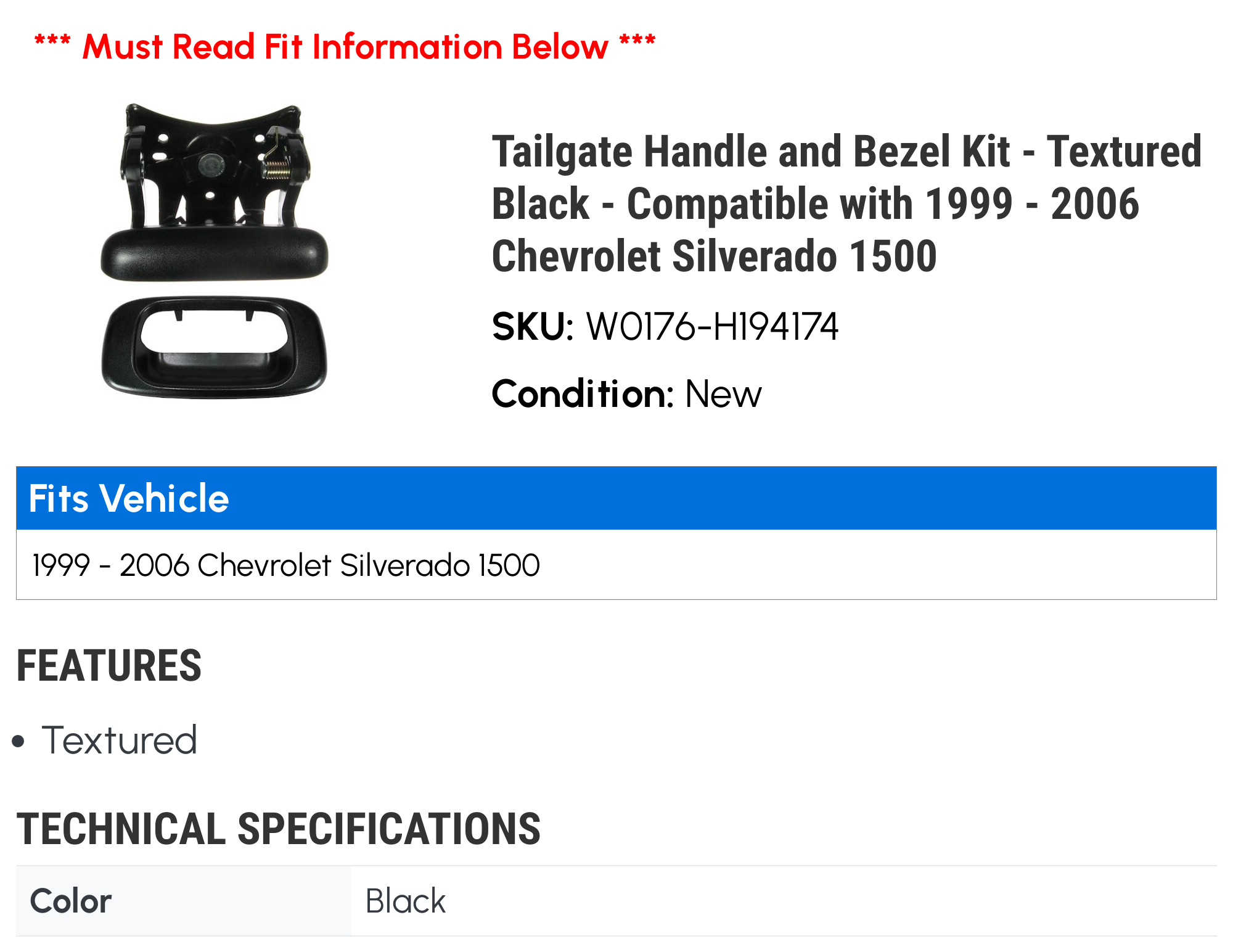 Tailgate Handle and Bezel Kit - Textured Black - Compatible with 1999 - 2006 Chevy Silverado 1500 2000 2001 2002 2003 2004 2005