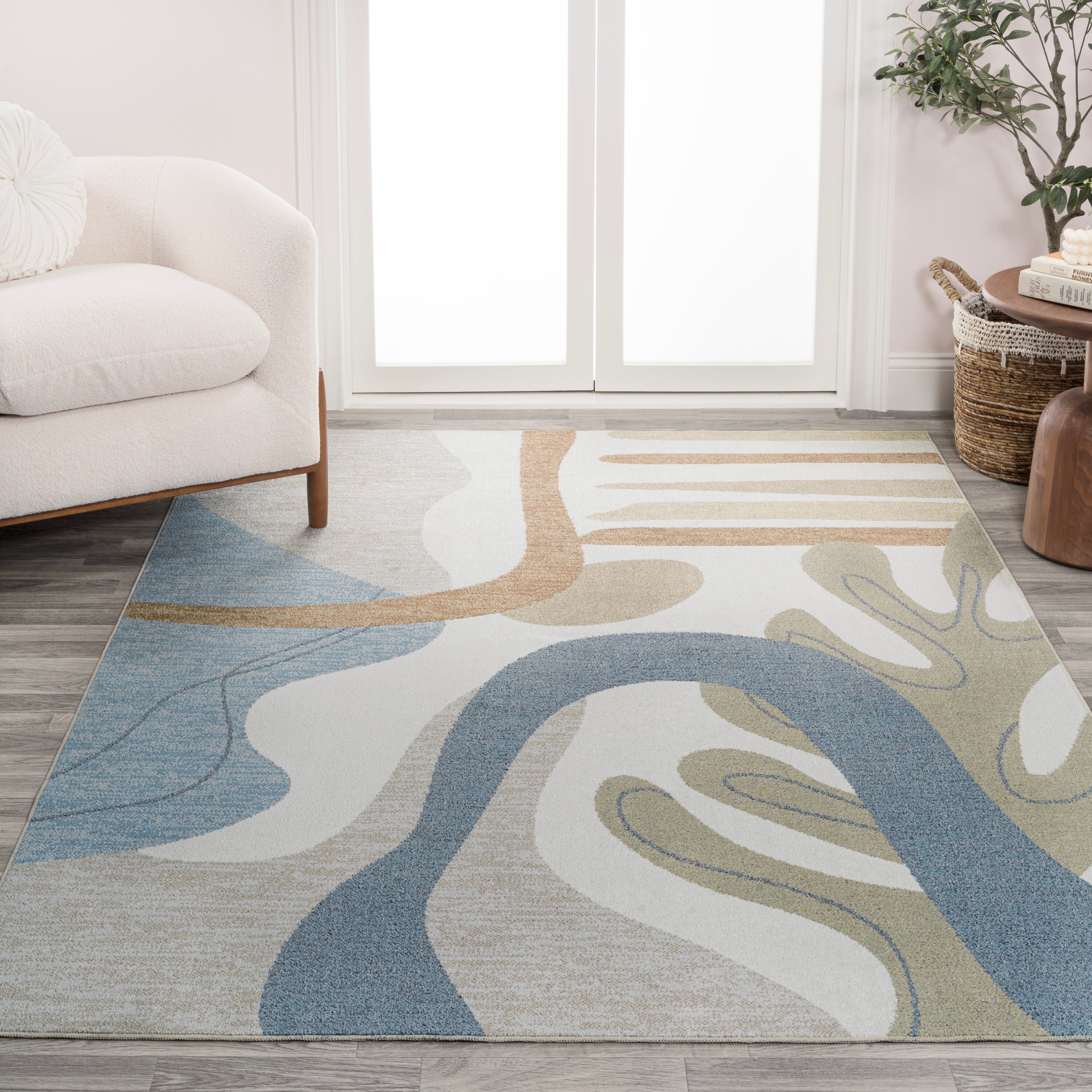 JONATHAN Y  Weaver Abstract Glam Botanical Machine-Washable Cream/Multi Area Rug 4 X 6