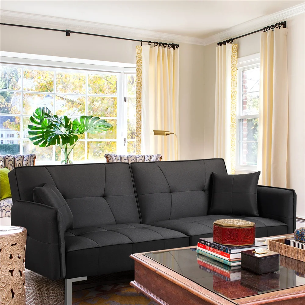 Yaheetech Futon Sofa Bed Adjustable Upholstery Versatile Convertible Sofa with Fabric Cover for Living Room, Black