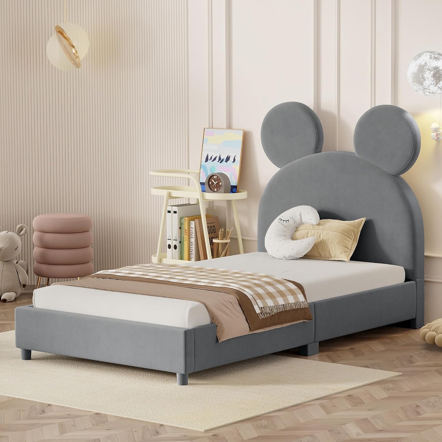 Size Upholstered Bed With Bear Shaped Headboard, Low Platform Bed Frame For Kids, Velvet Daybed With Slats Support For Girls Boys Tees, Gray