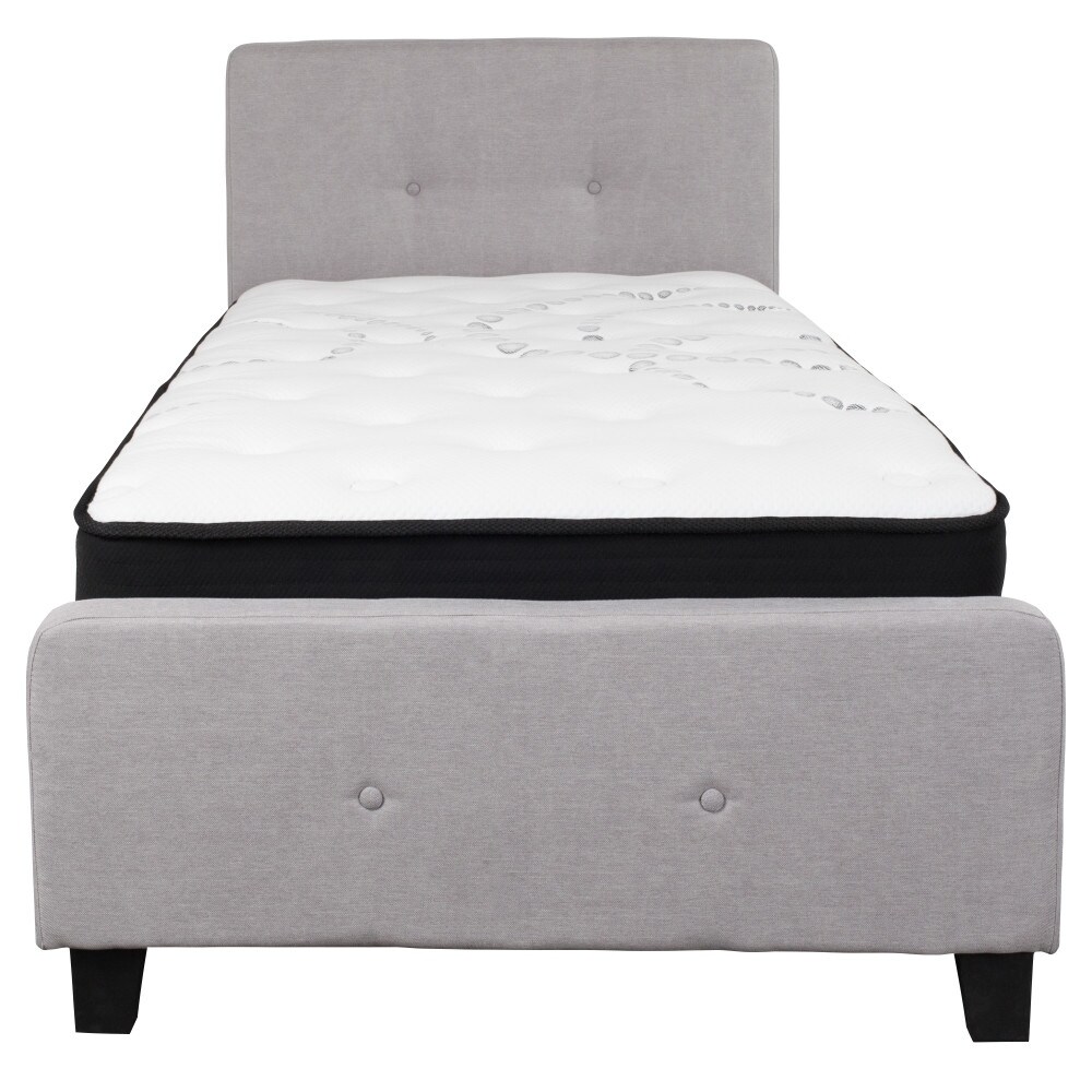 Flash Furniture Button Tufted Upholstered Platform Bed with Pocket Spring Mattress Light Gray Twin