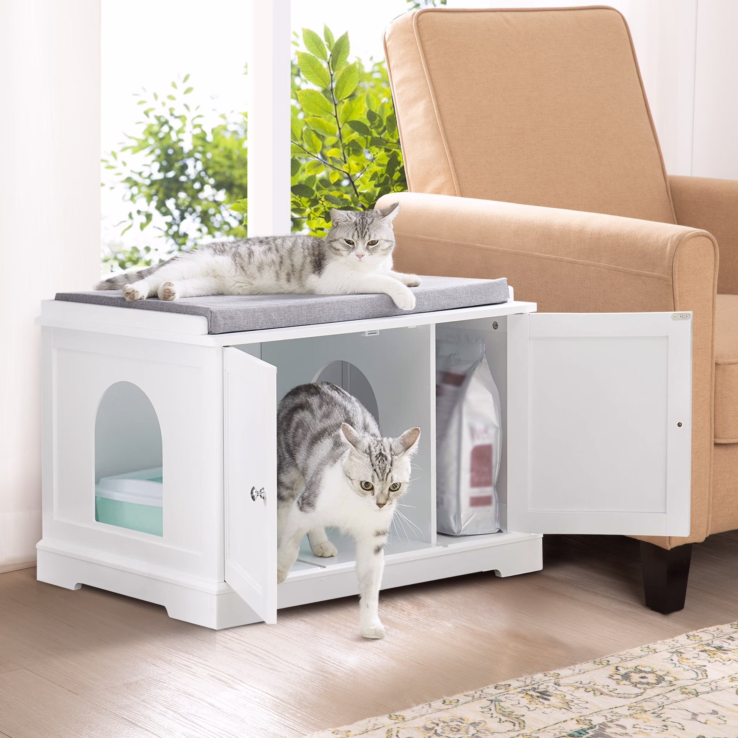 SeilNouk Large Wooden Cat Litter Box Enclosure, Pet Storage Cabinet with Pad Side Table for Living Room White